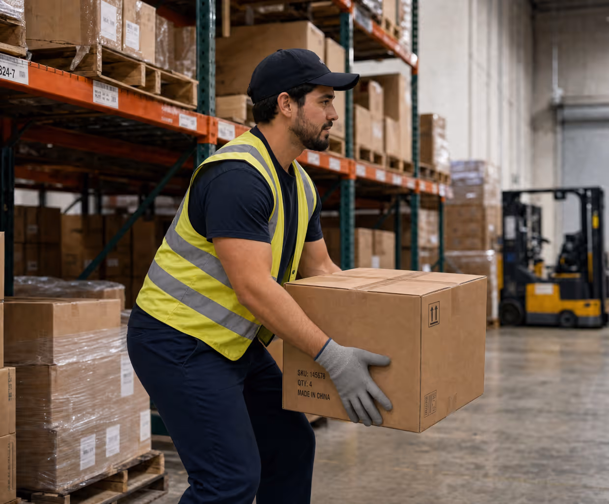 A warehouse worker carrying a heavy box in an incorrect posture.