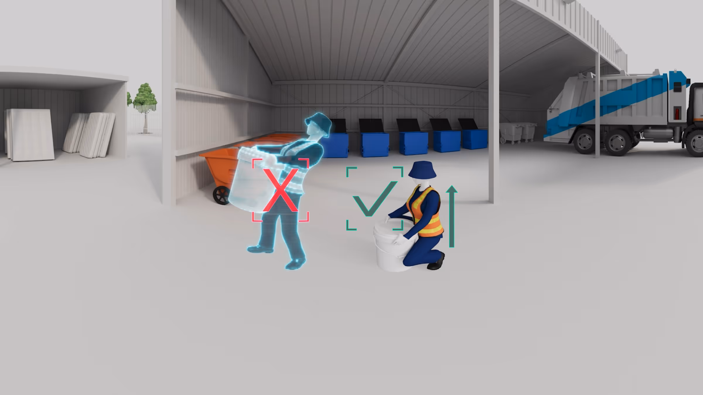 VR training simulation showing incorrect versus correct technique for lifting a heavy bin, with a red X marking the wrong posture and a green tick marking the correct kneeling lift technique