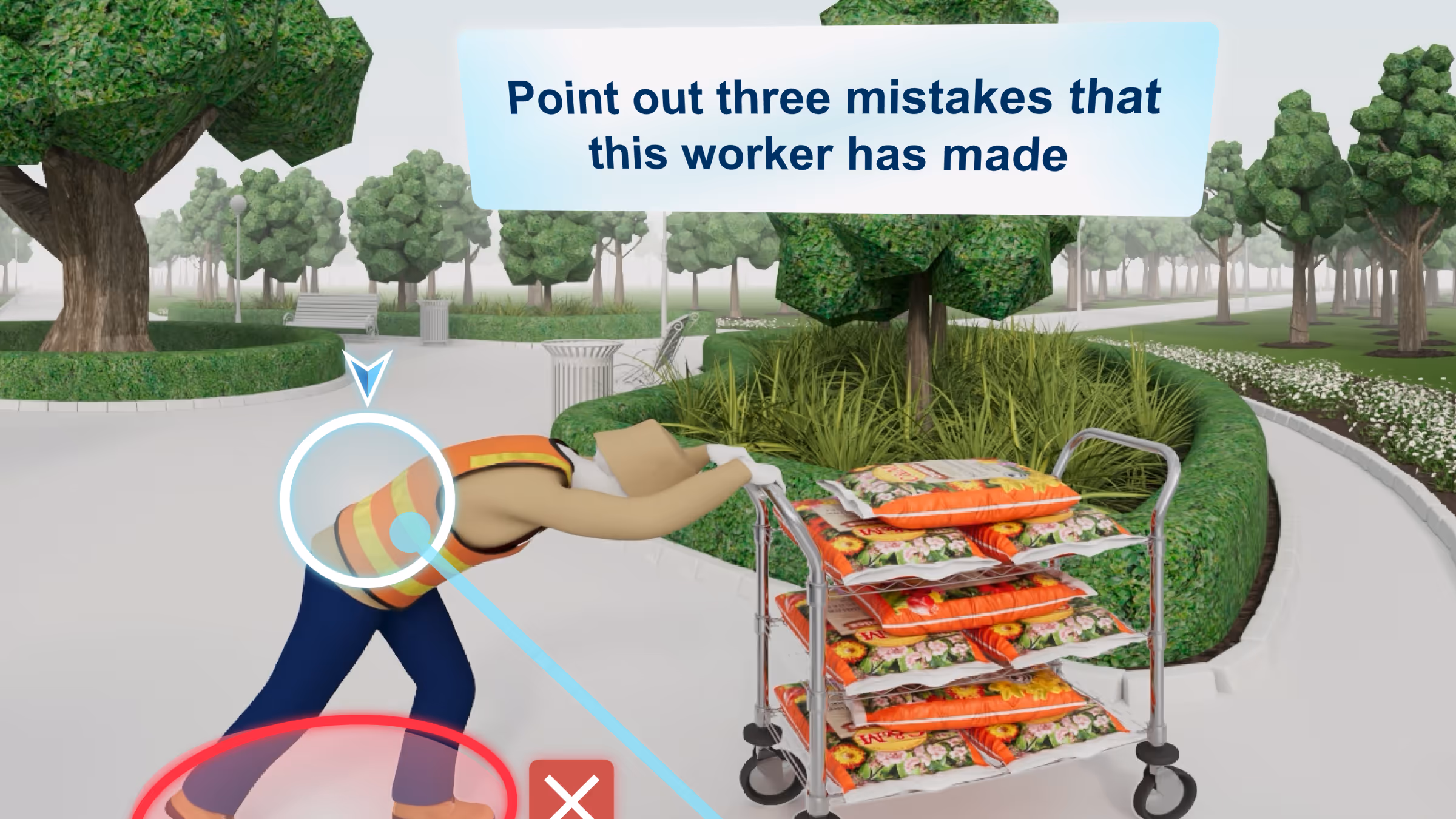 VR training simulation set in a park, prompting the user to identify three manual handling mistakes made by a worker who is overstretching to push a heavily loaded trolley