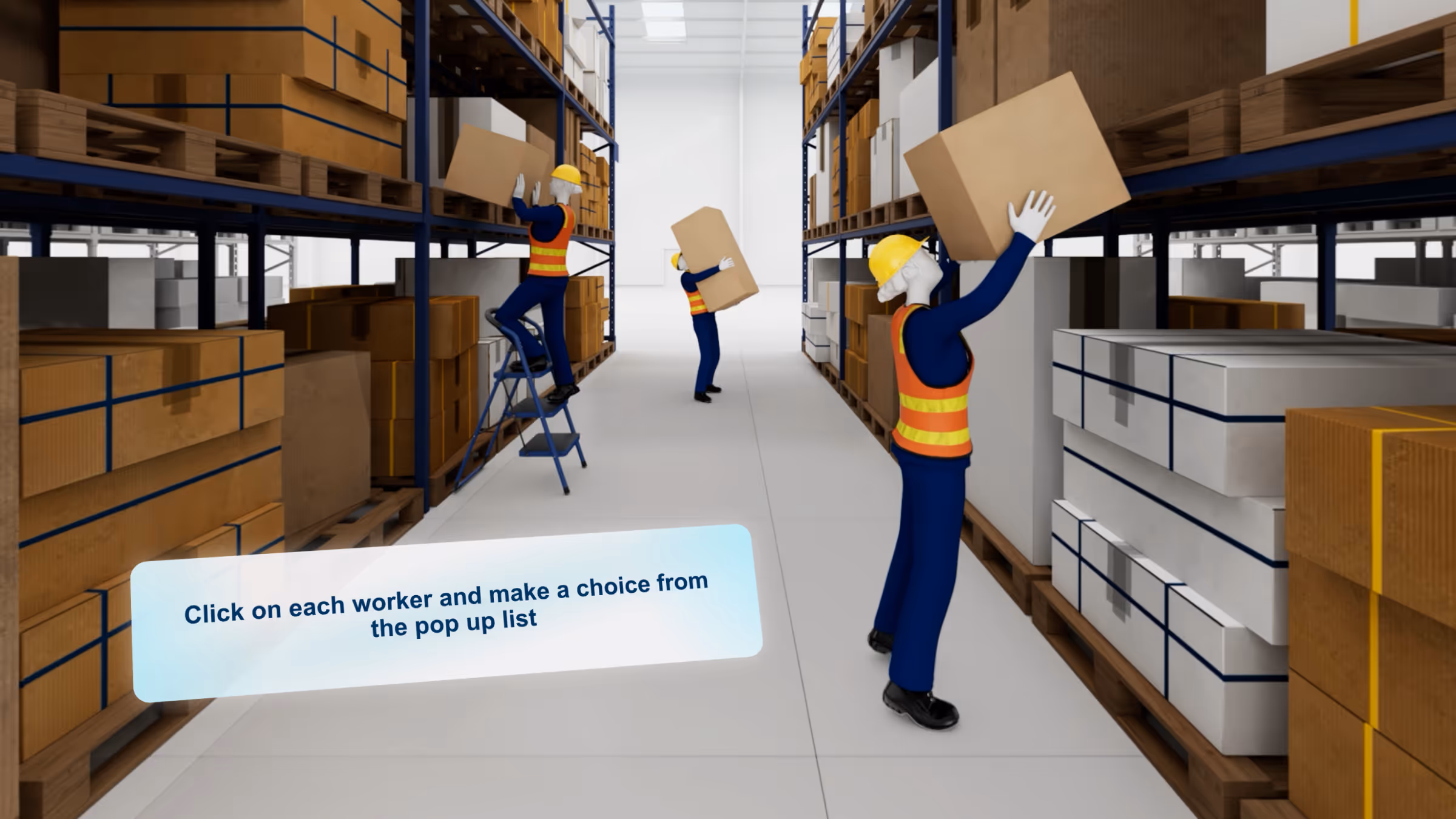VR training simulation of a warehouse aisle showing three workers demonstrating unsafe manual handling practices, with a prompt to click each worker to identify the hazard