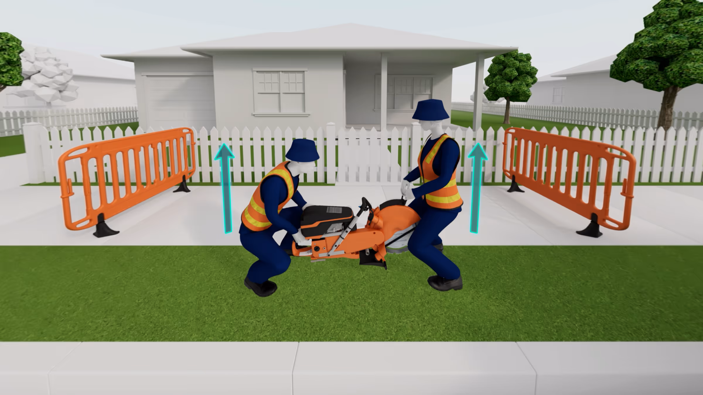 VR training simulation showing two council workers using correct team lifting technique to raise heavy power equipment, with upward arrows indicating proper lifting motion