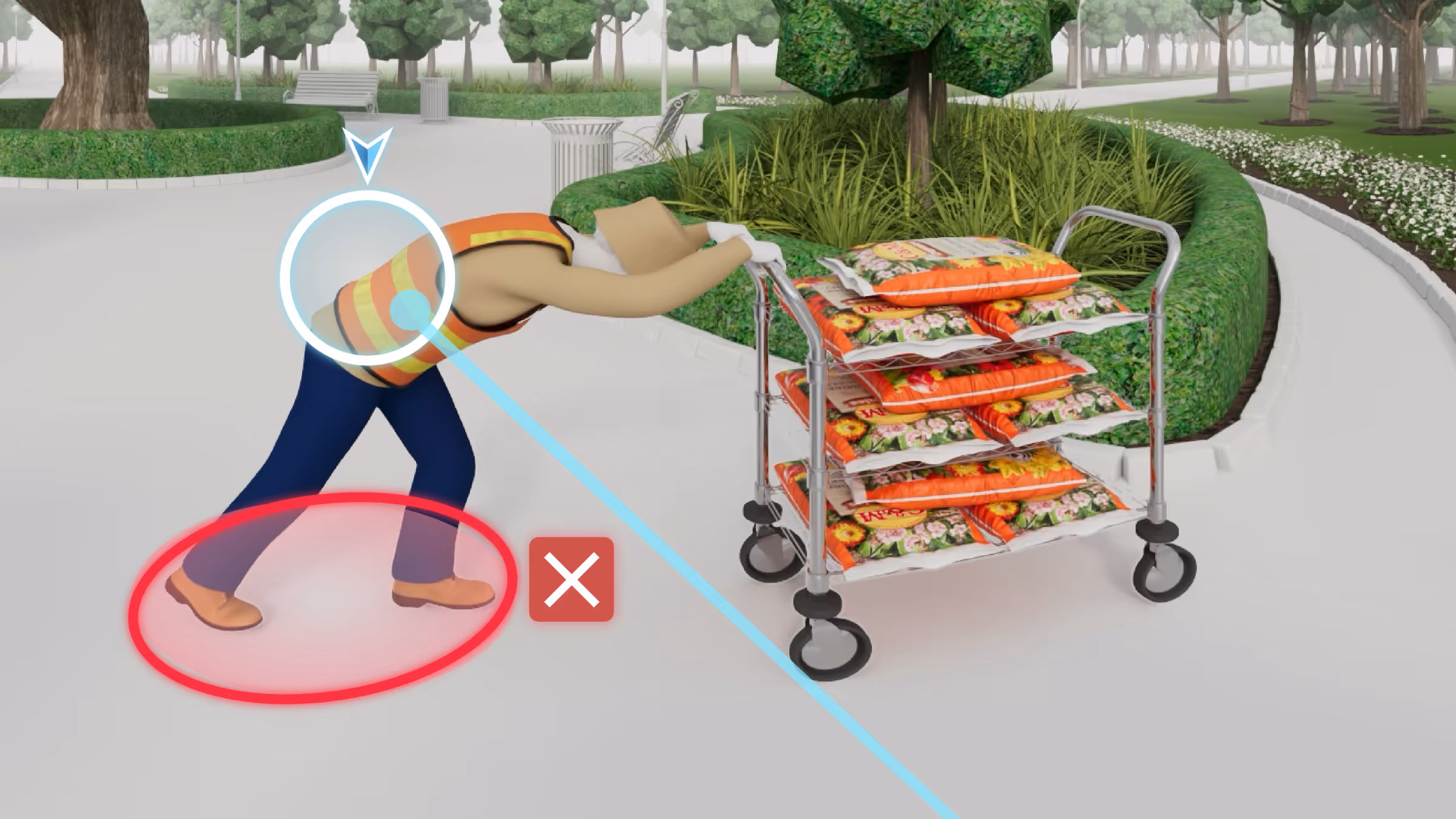 VR training simulation set in a park, prompting the user to identify three manual handling mistakes made by a worker who is overstretching to push a heavily loaded trolley
