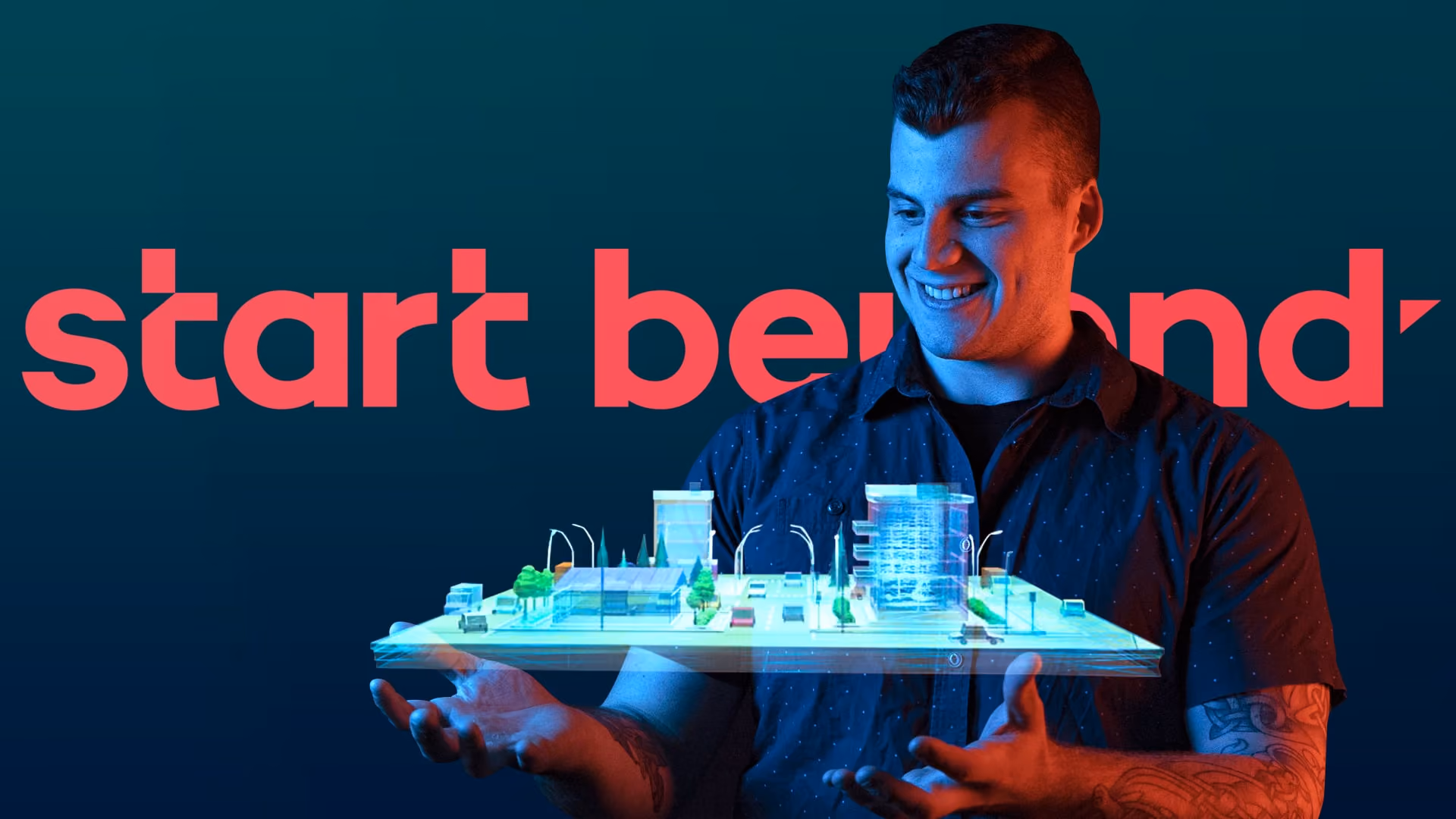 Smiling man holding a 3D digital city model with buildings and trees floating above his hands.