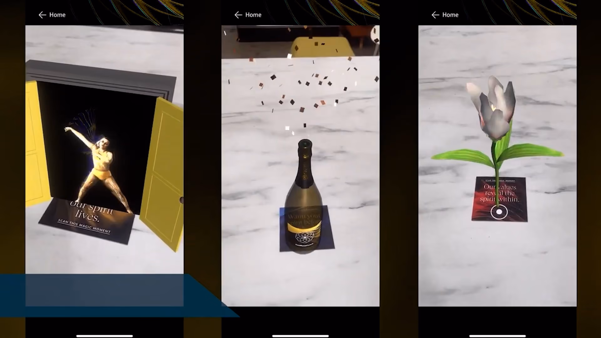 Three smartphone screens show augmented reality: a dancing figure, a champagne bottle with confetti, and a blooming flower.