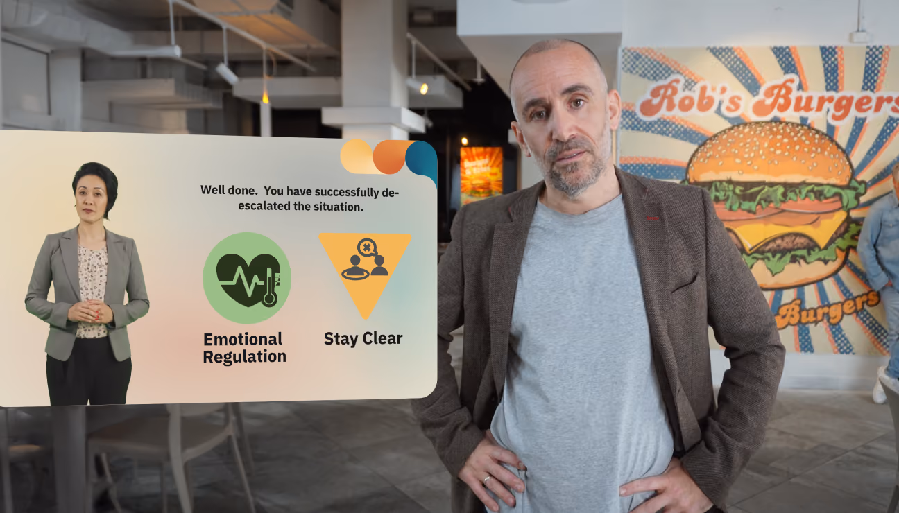 Immersive training scene set in a burger restaurant, with an on-screen success feedback panel.