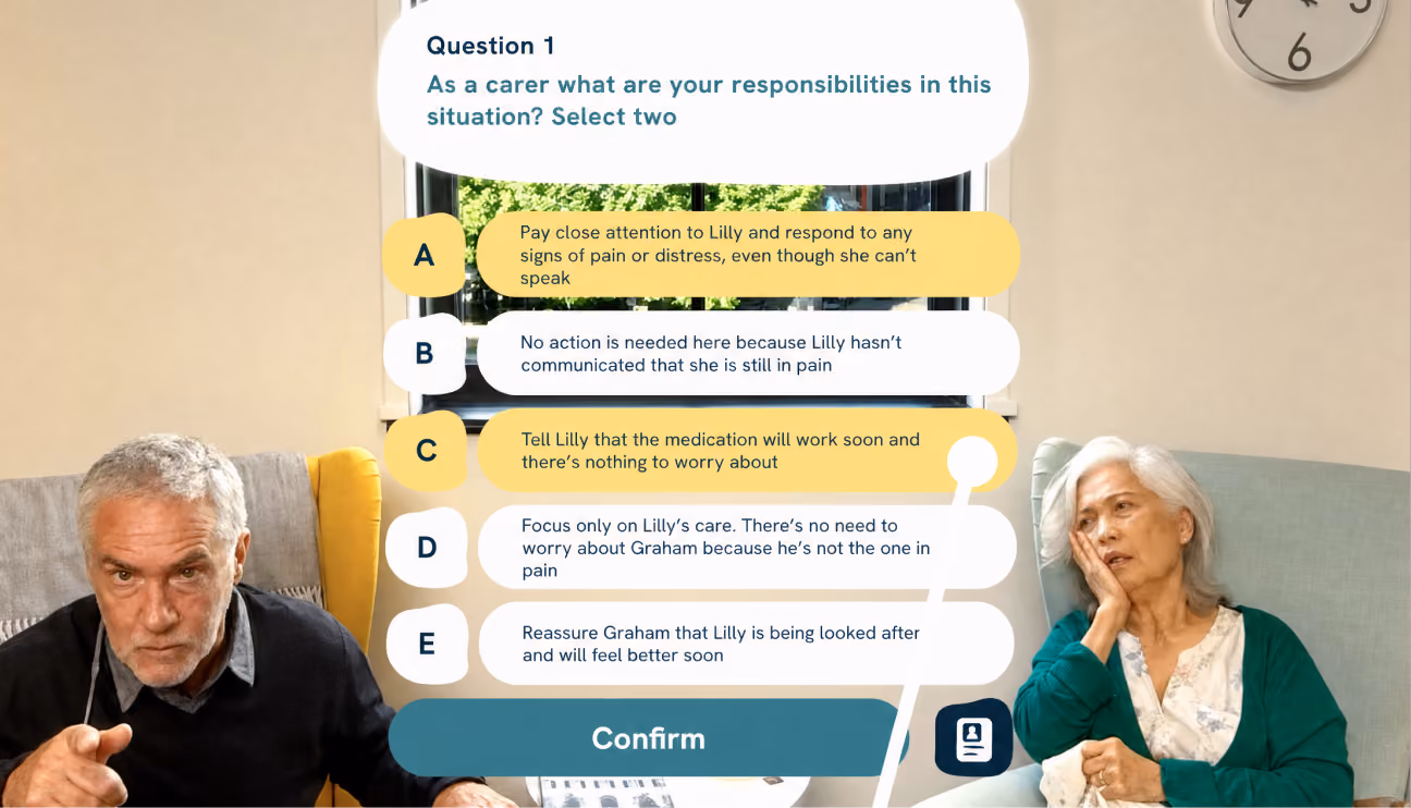 Carer training scenario: a distressed older woman and an agitated man, with a multiple-choice question on screen.