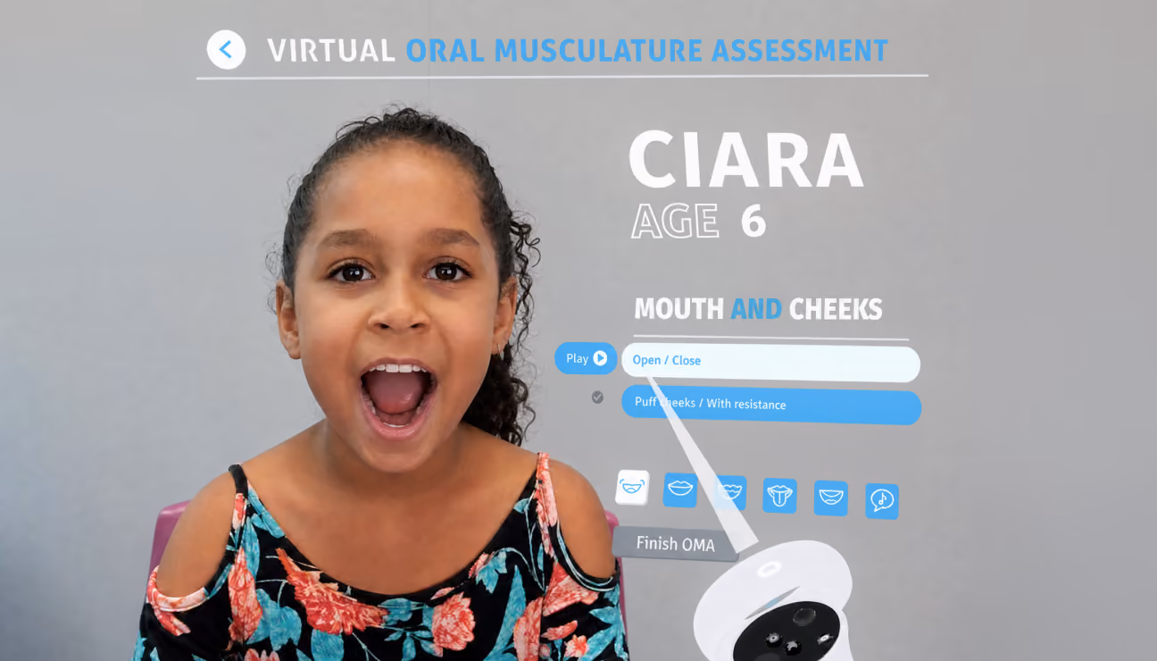 Virtual Oral Musculature Assessment in progress: a young girl opens her mouth wide while the app records the exercise.