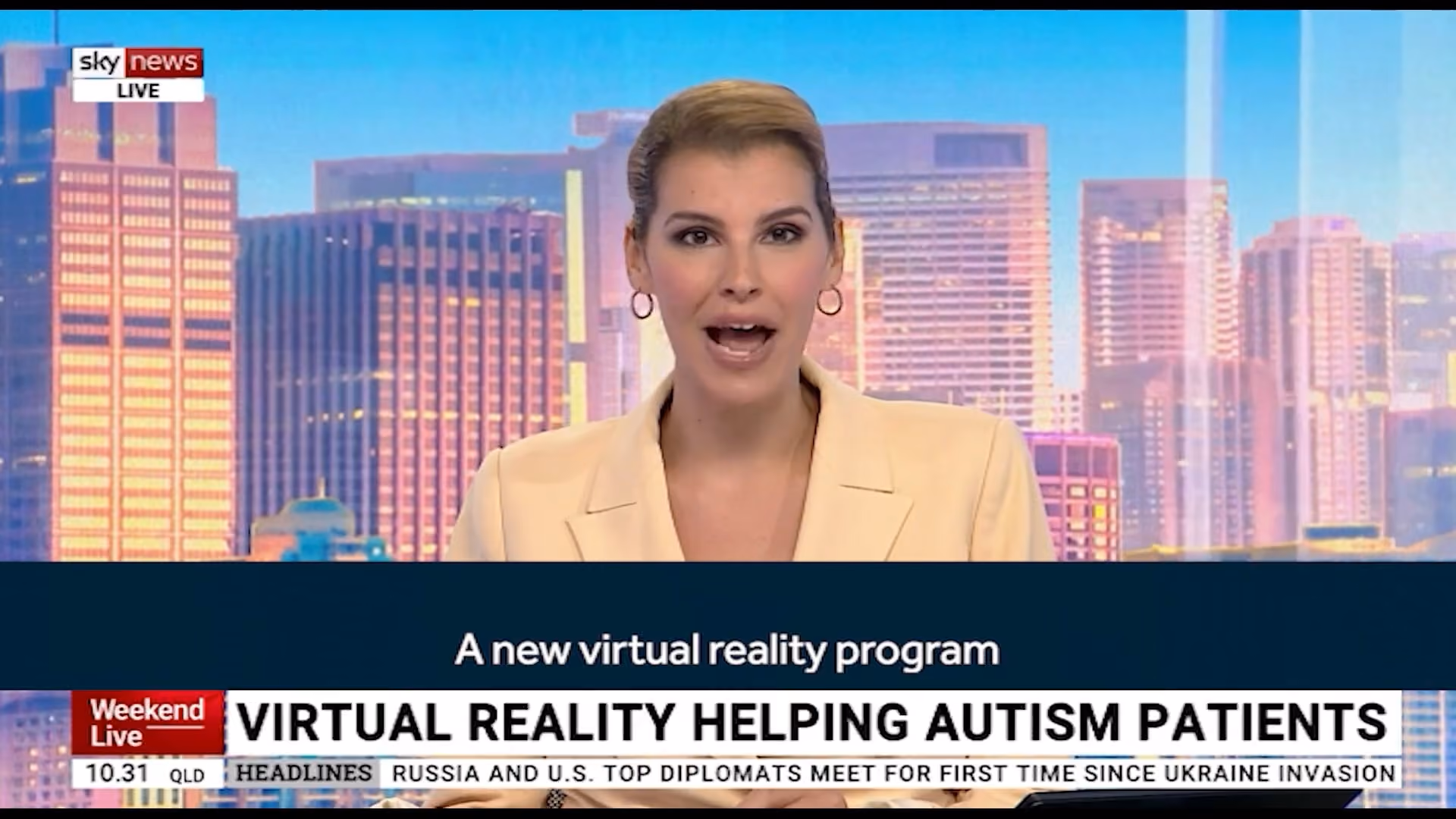 Sky News anchor reporting on a new virtual reality program helping autism patients with Start Beyond's SocialWise project.