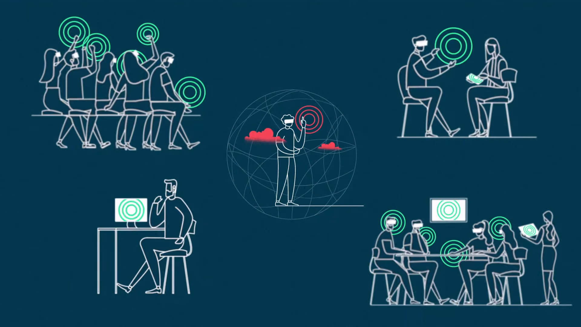 Line-art illustration of five scenes showing people using VR headsets and devices: a group raising hands, two colleagues interacting, a person standing before a globe, two people conversing, a solo worker at a desk, and a group VR training session.