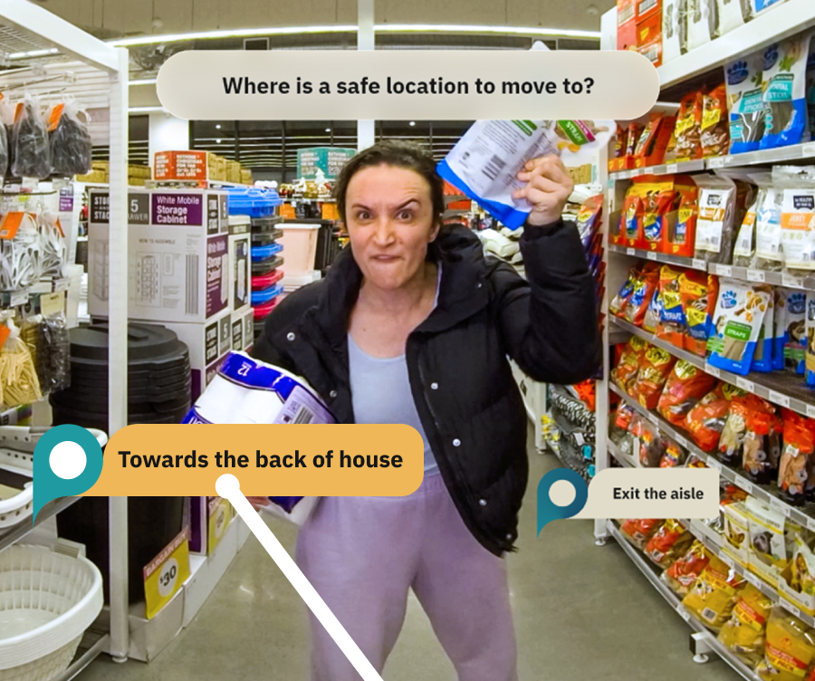 Retail de-escalation training scenario: an aggressive customer in a supermarket aisle, with a prompt asking where a safe location to move to is.
