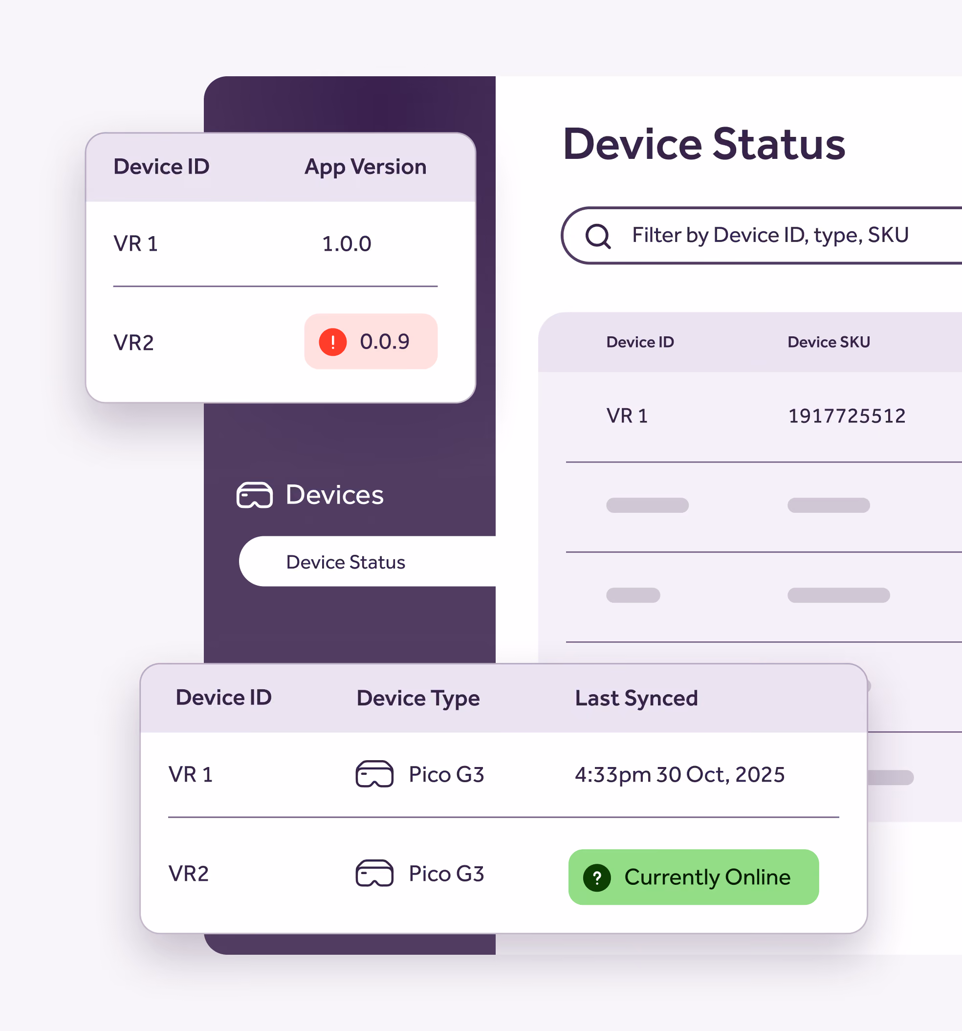 Screenshots of the Oncio Portal device management pages, listing VR headset IDs, app versions, sync times, and online status.