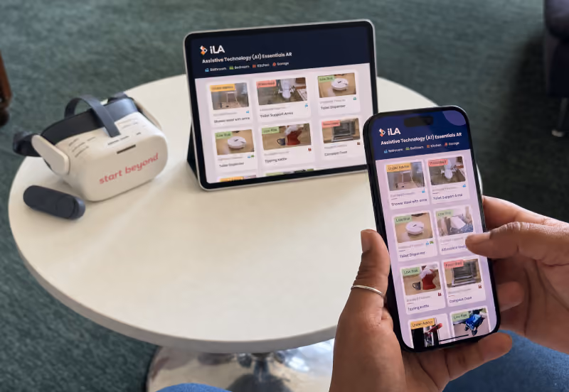 A tablet and phone display VR training module accessible across VR headset, tablet, and mobile.