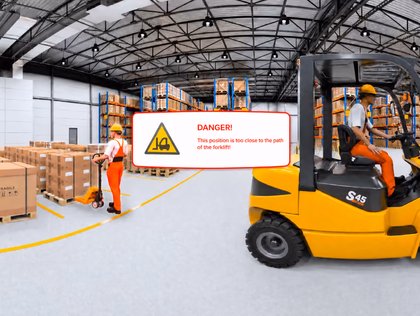 VR CG environment of warehouse safety simulation showing a "Danger" warning about standing too close to a forklift's path.