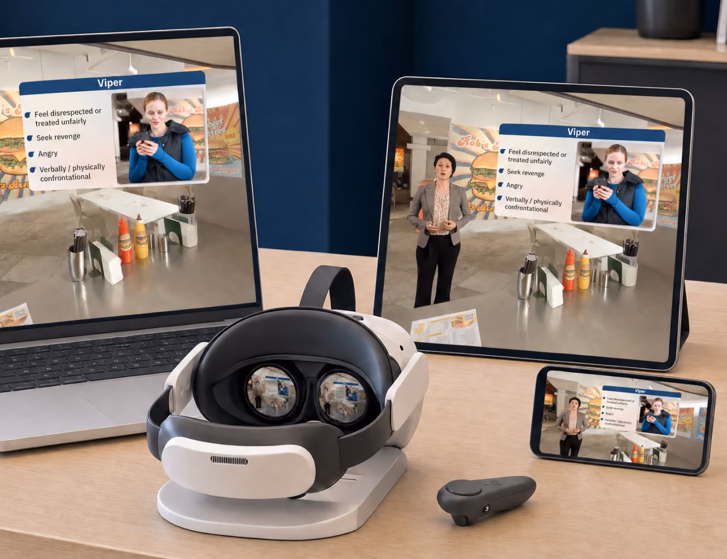 A laptop, tablet, phone, and VR headset all display an live action scenario of handling customer in restaurant with instructor profiling an angry "Viper" customer persona.