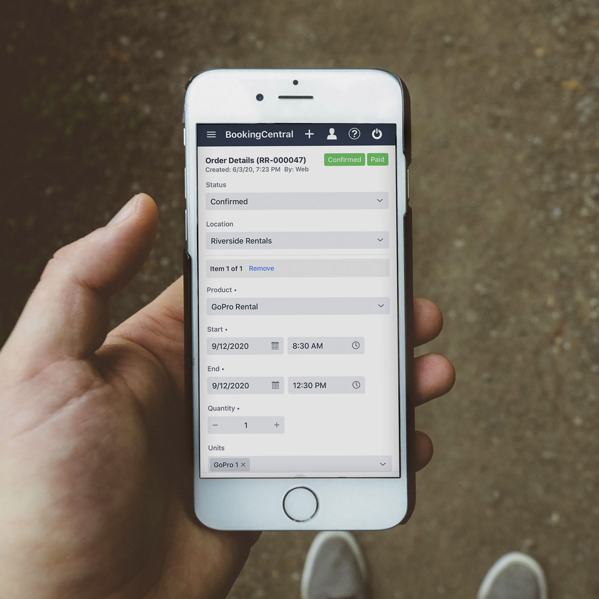 BookingCentral order details open on a mobile device during an active rental day