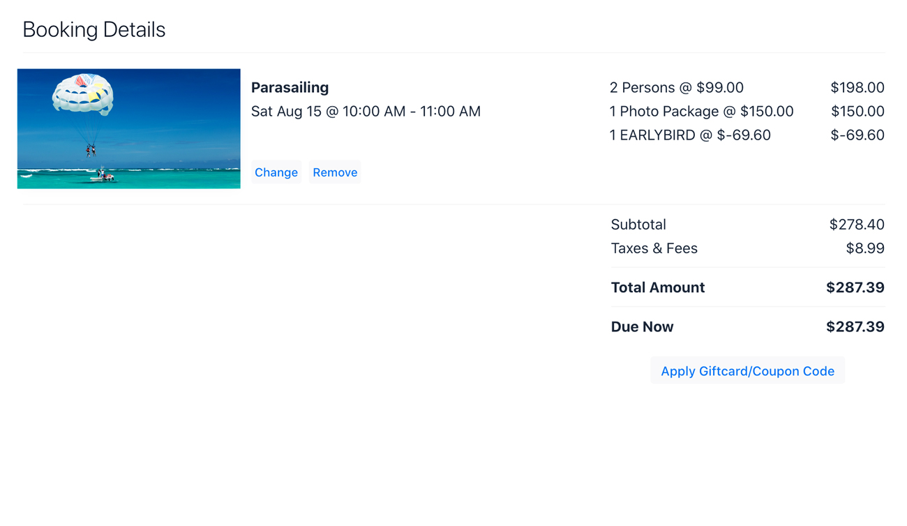 BookingCentral checkout showing line items, pricing, and total due