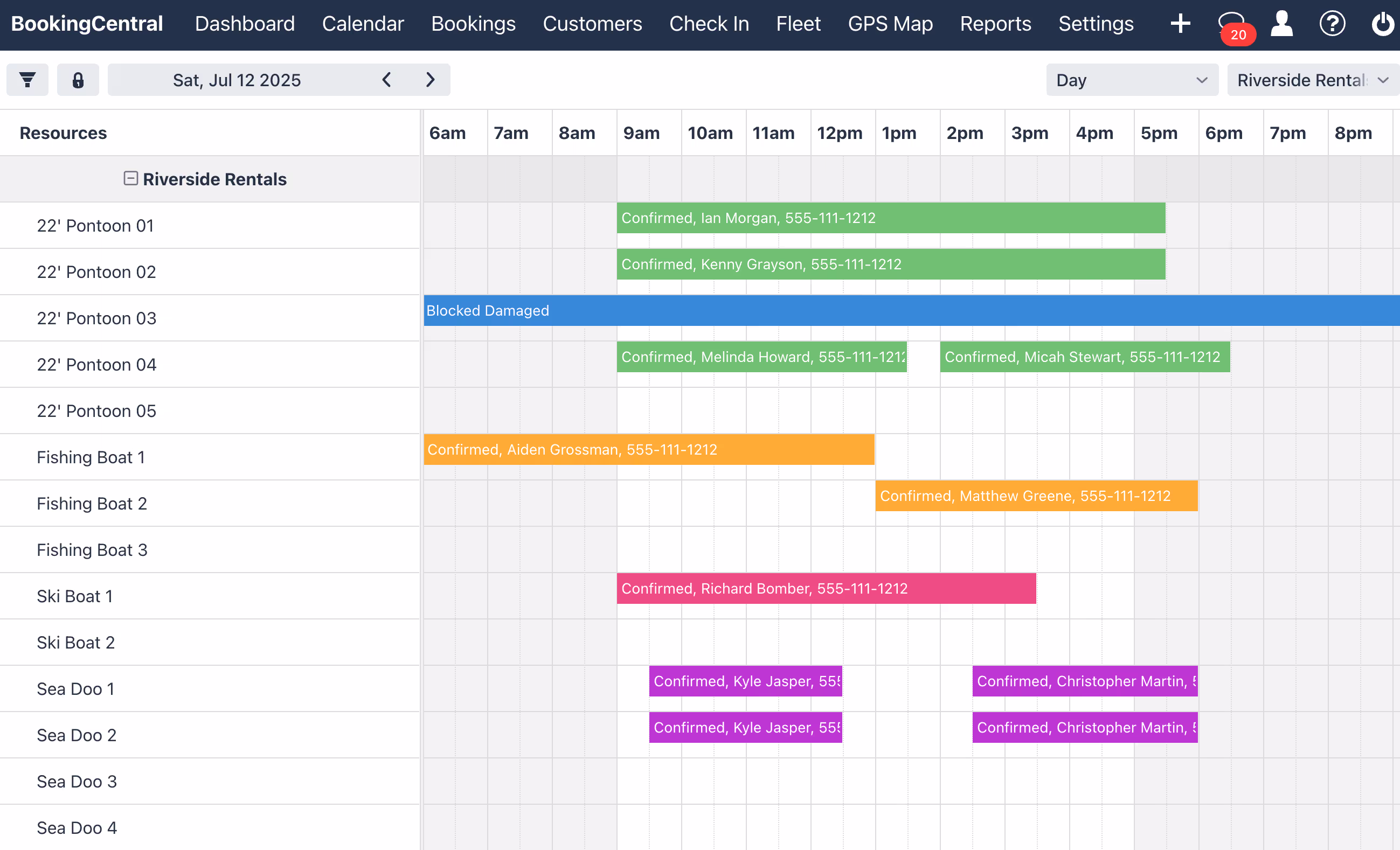 BookingCentral resource calendar showing unit assignments and maintenance blocks
