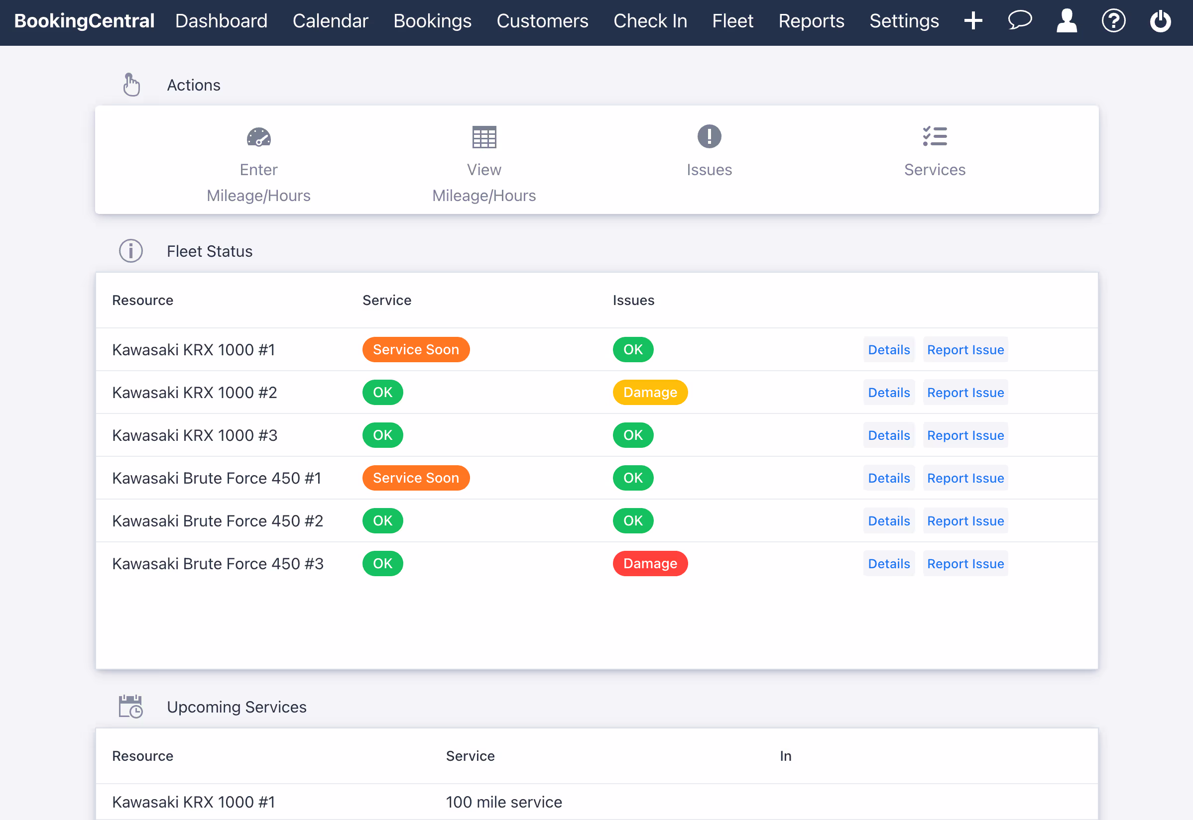 BookingCentral fleet dashboard showing service and issue status