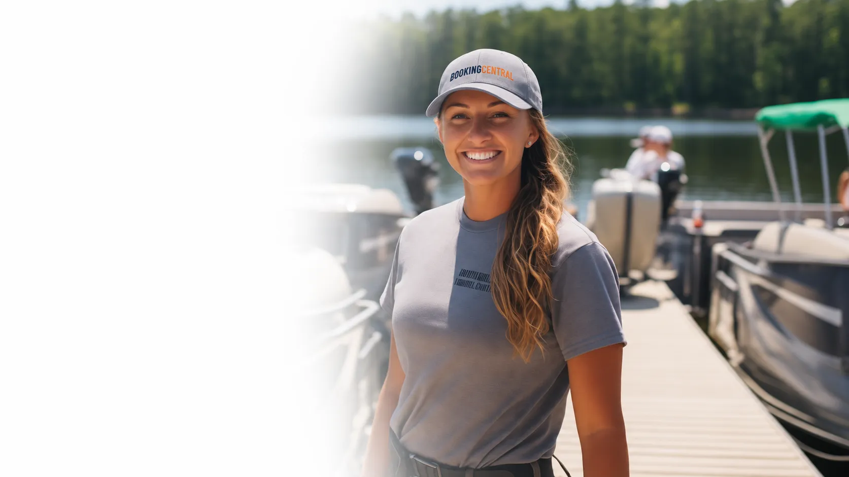 BookingCentral team member in a branded cap smiling on a boat dock