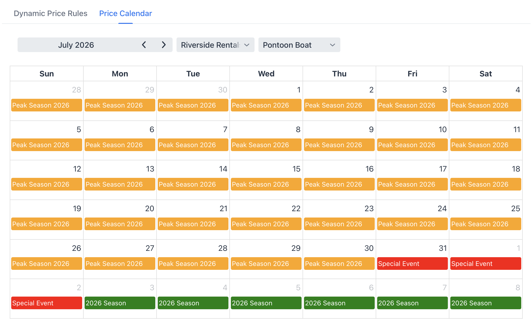 BookingCentral dynamic price calendar showing rate adjustments by day