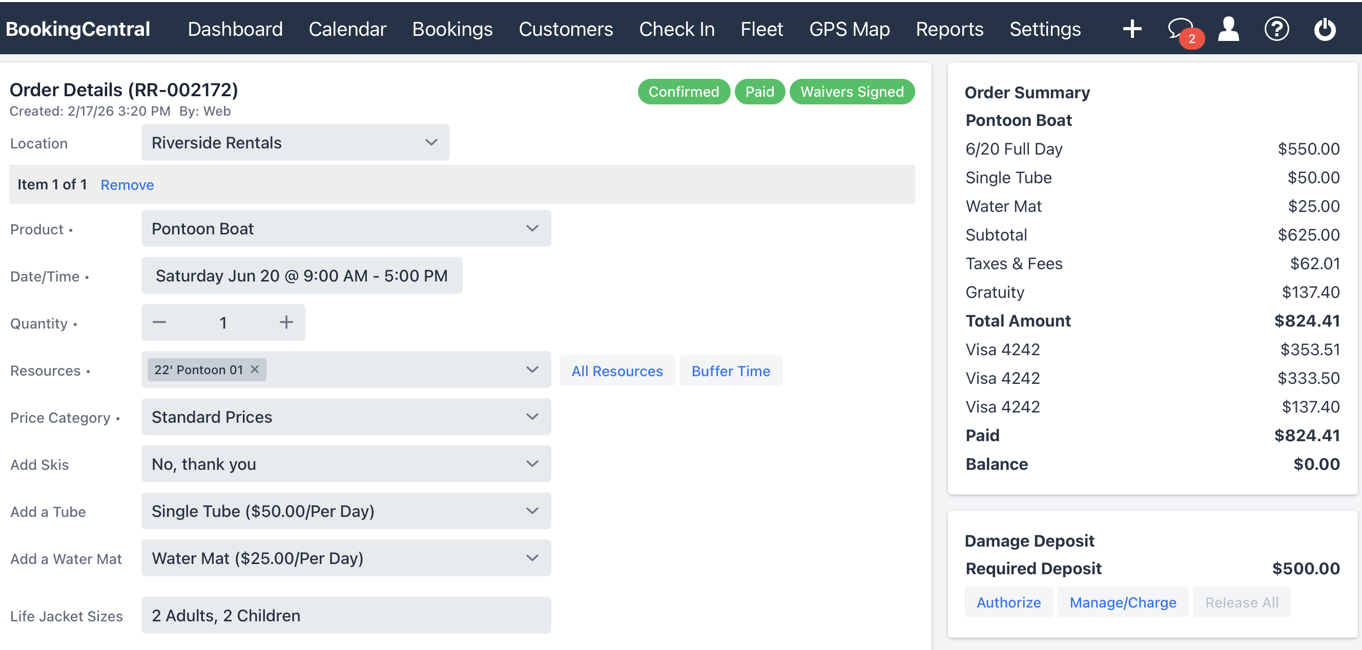 BookingCentral order detail view with payment and order summary information