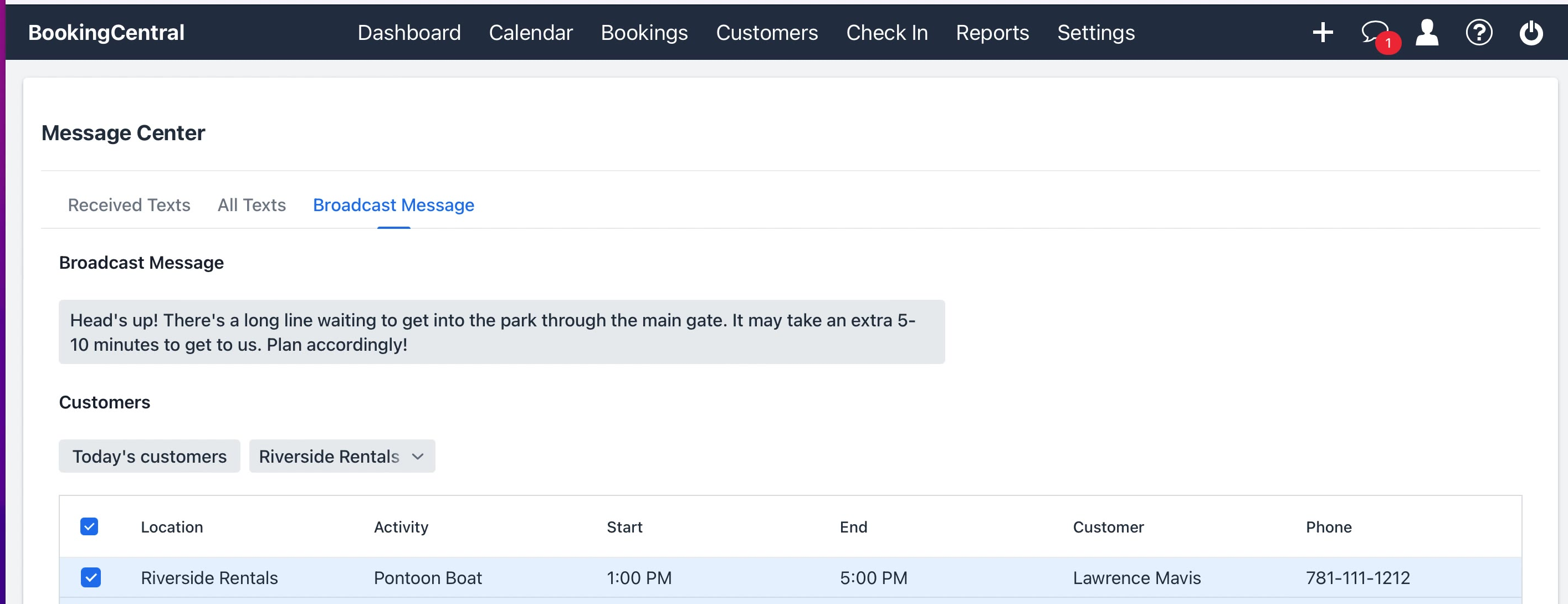 BookingCentral broadcast message composer