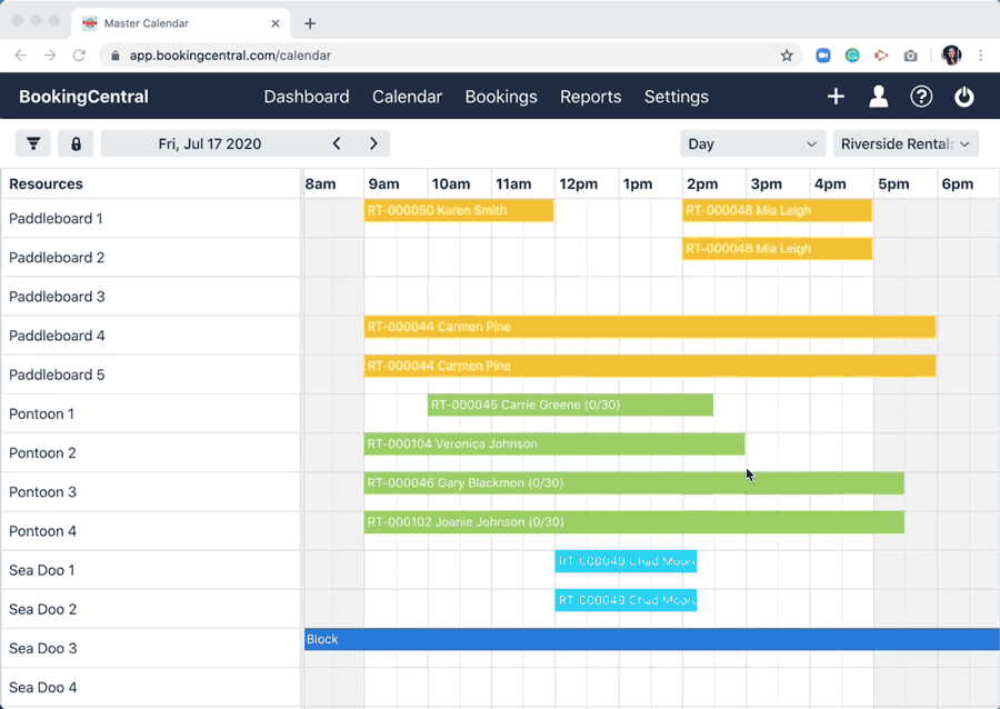 BookingCentral interactive drag-and-drop calendar demo