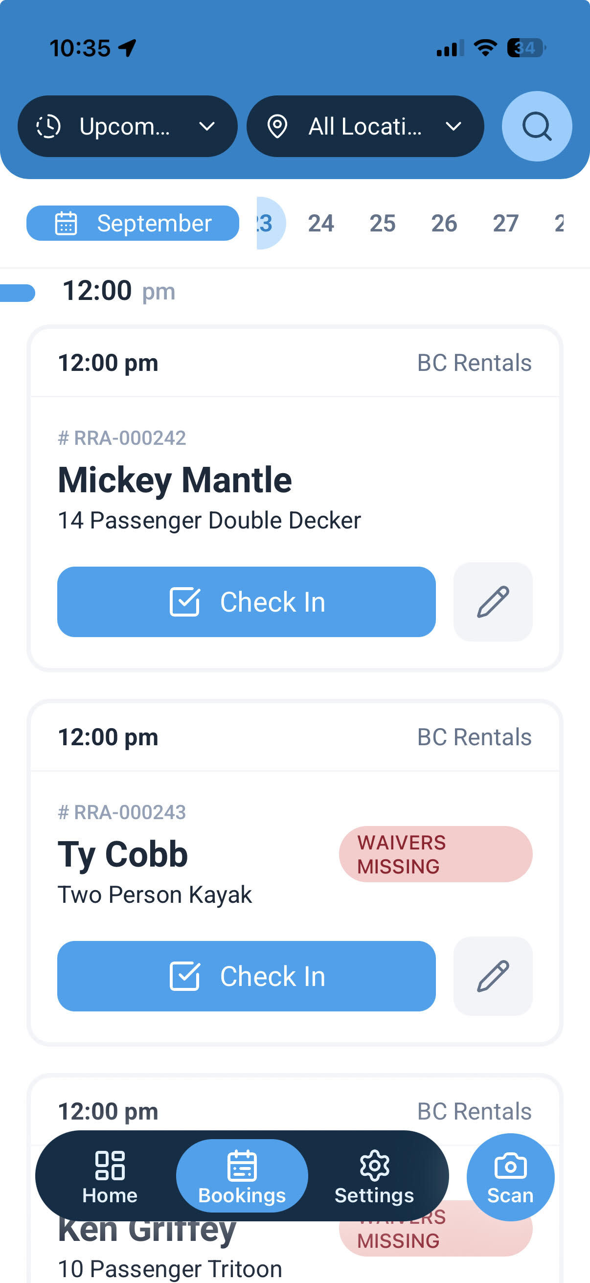 BookingCentral mobile app bookings list showing upcoming check-ins