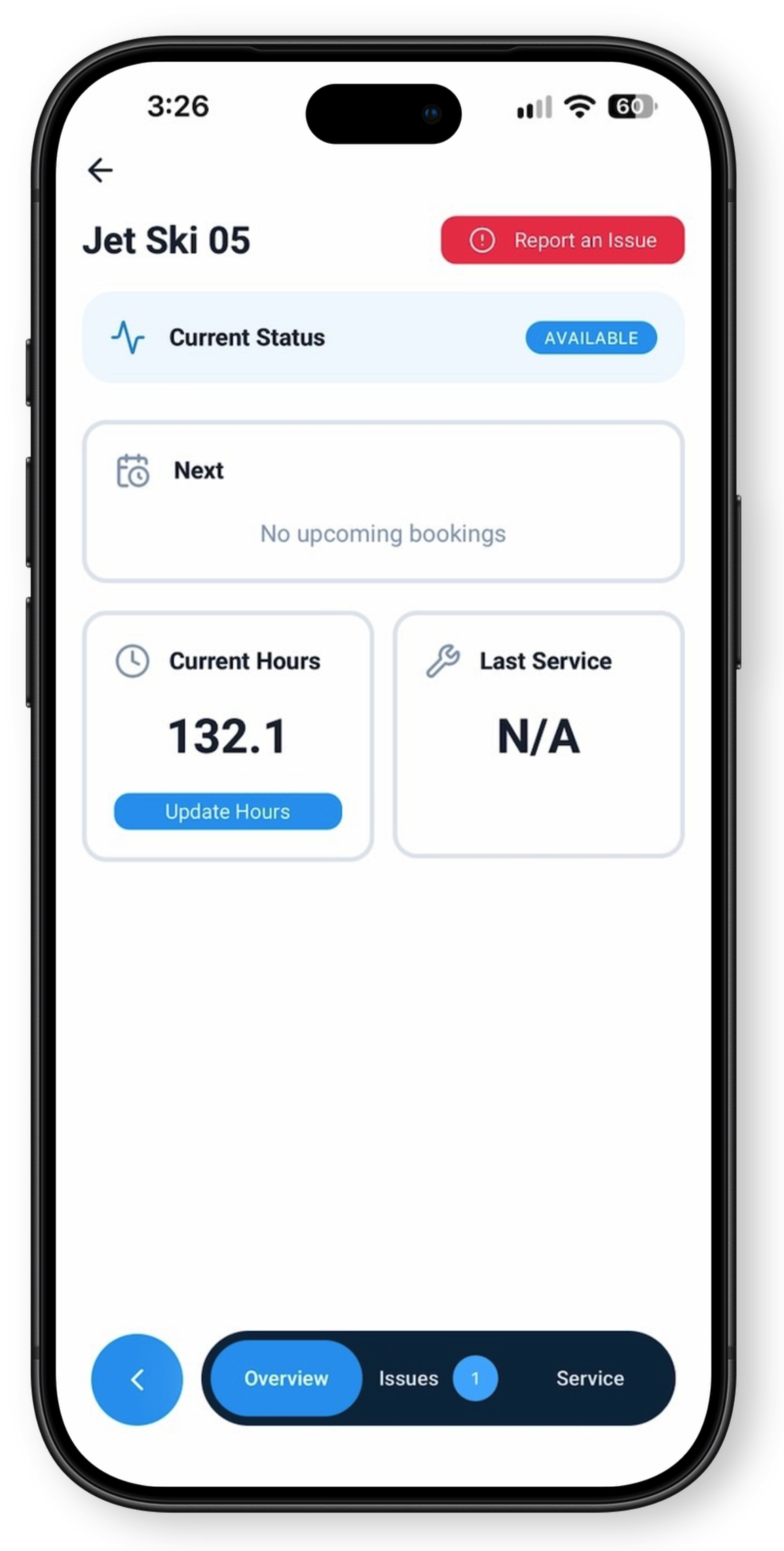 BookingCentral mobile app fleet unit screen for Jet Ski 05 showing current status, next booking, current hours and last service