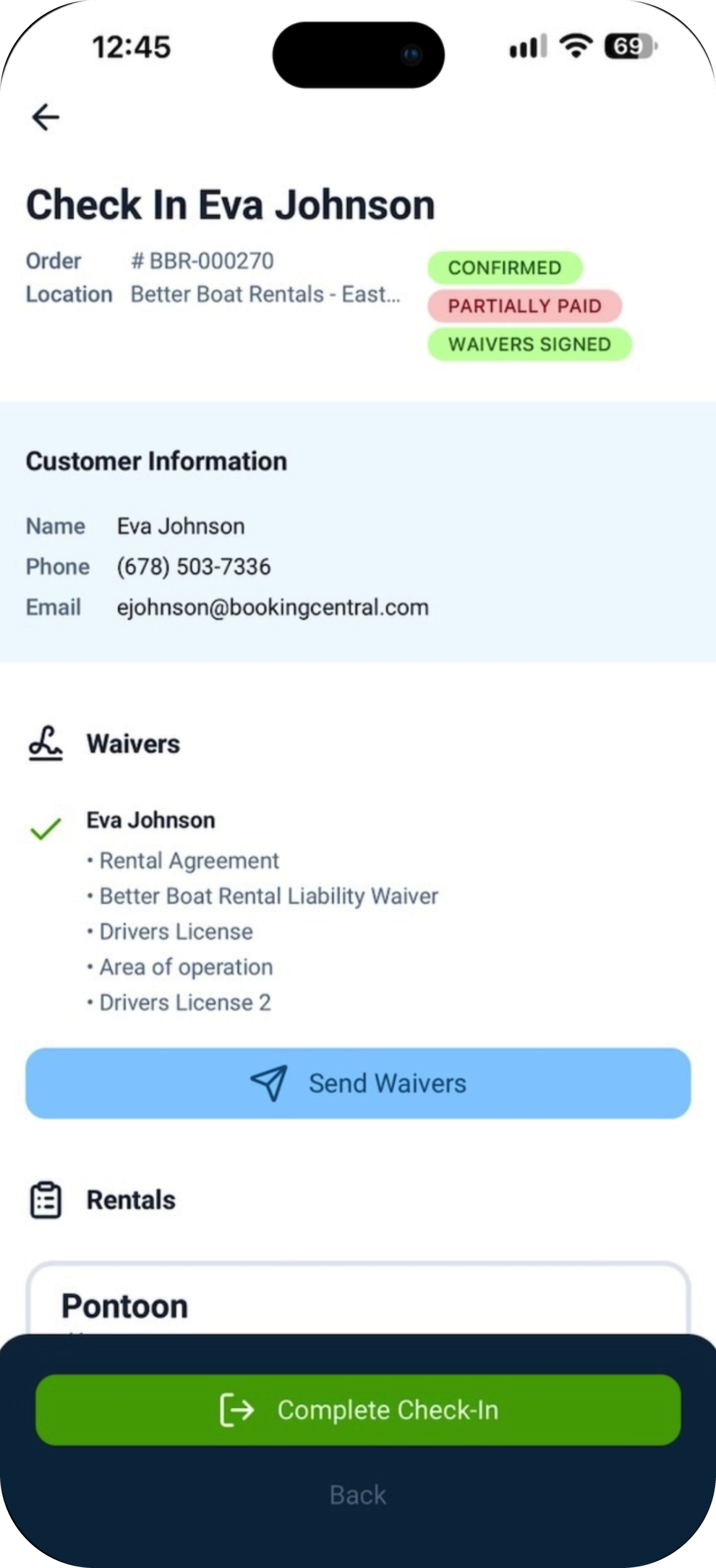 BookingCentral mobile app check-in screen showing signed waivers and customer details