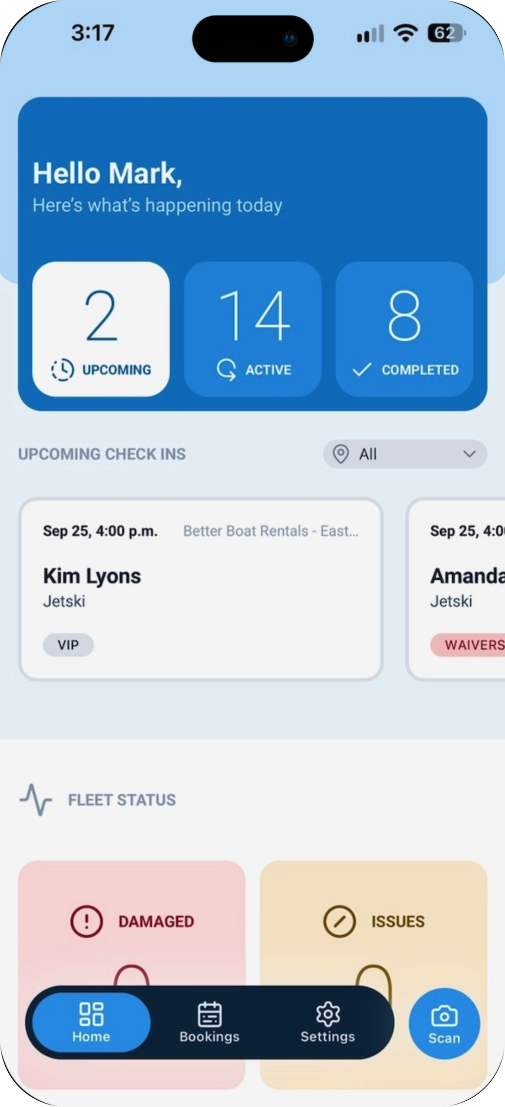 BookingCentral mobile app home screen showing today's upcoming, active and completed check-ins and fleet status
