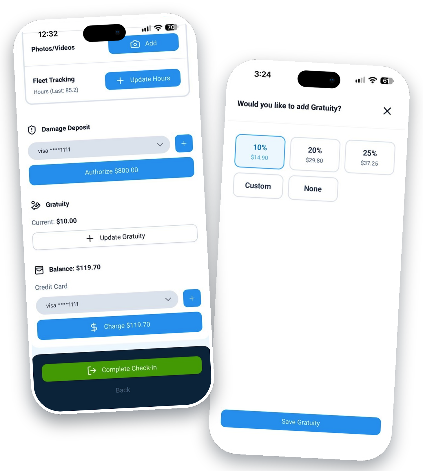 BookingCentral mobile app showing a check-in payment screen with damage deposit, gratuity, and balance next to the gratuity options screen