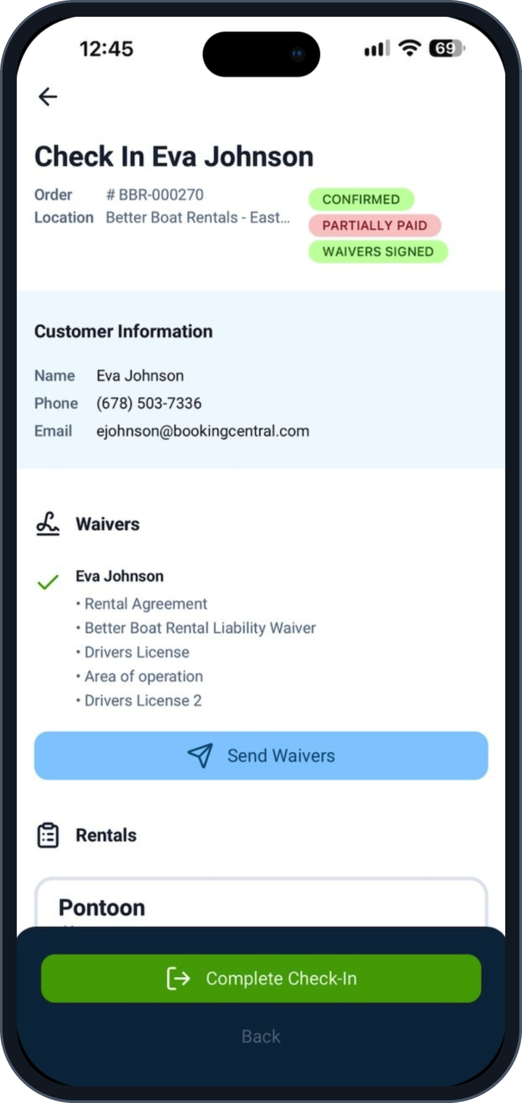 BookingCentral mobile app home screen showing today's check-ins and fleet status