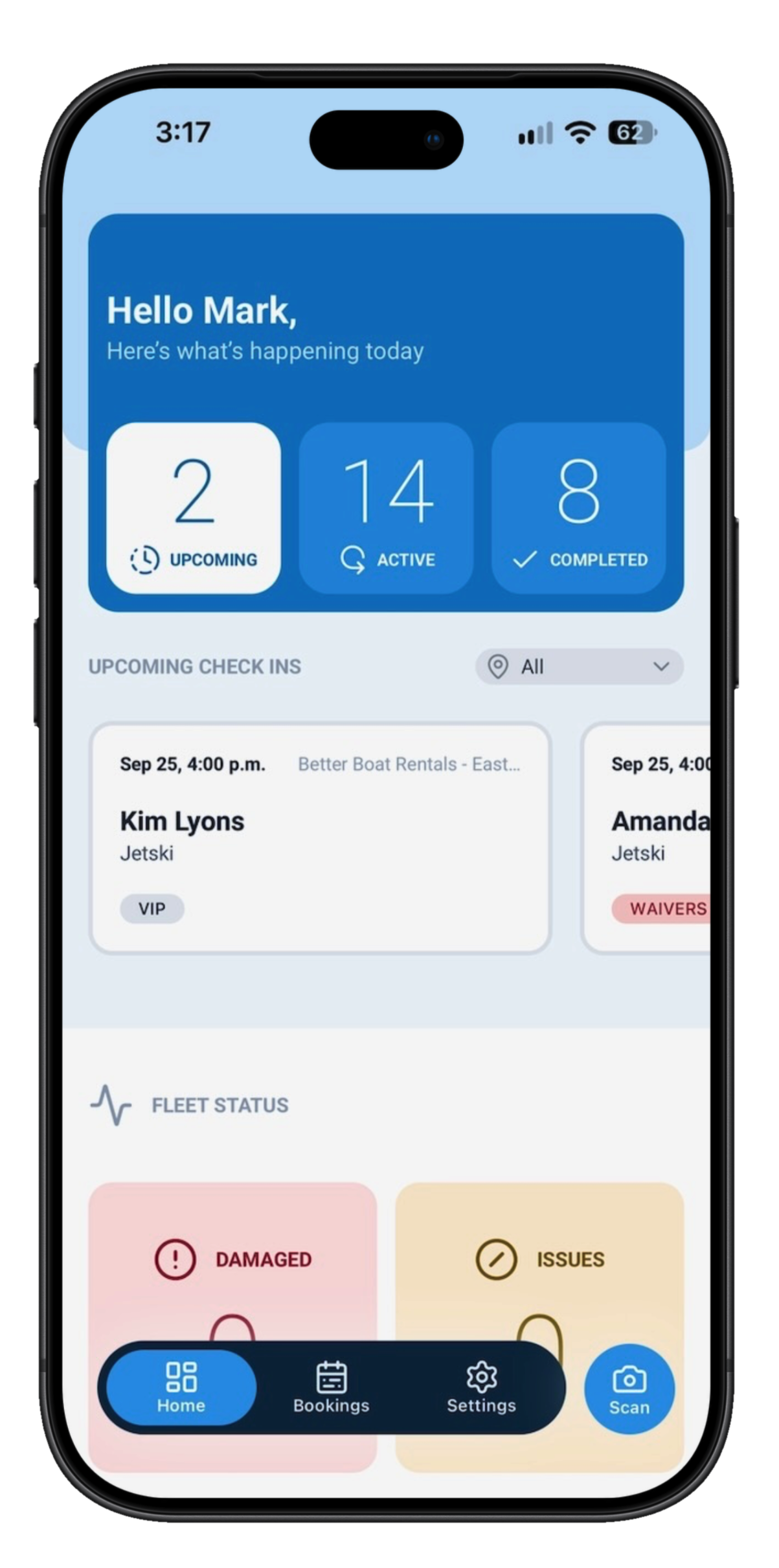 BookingCentral mobile app check-in screen showing signed waivers and customer details