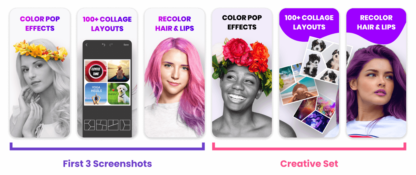 An example of how the Color Pop app is testing their screenshots with Creative Sets