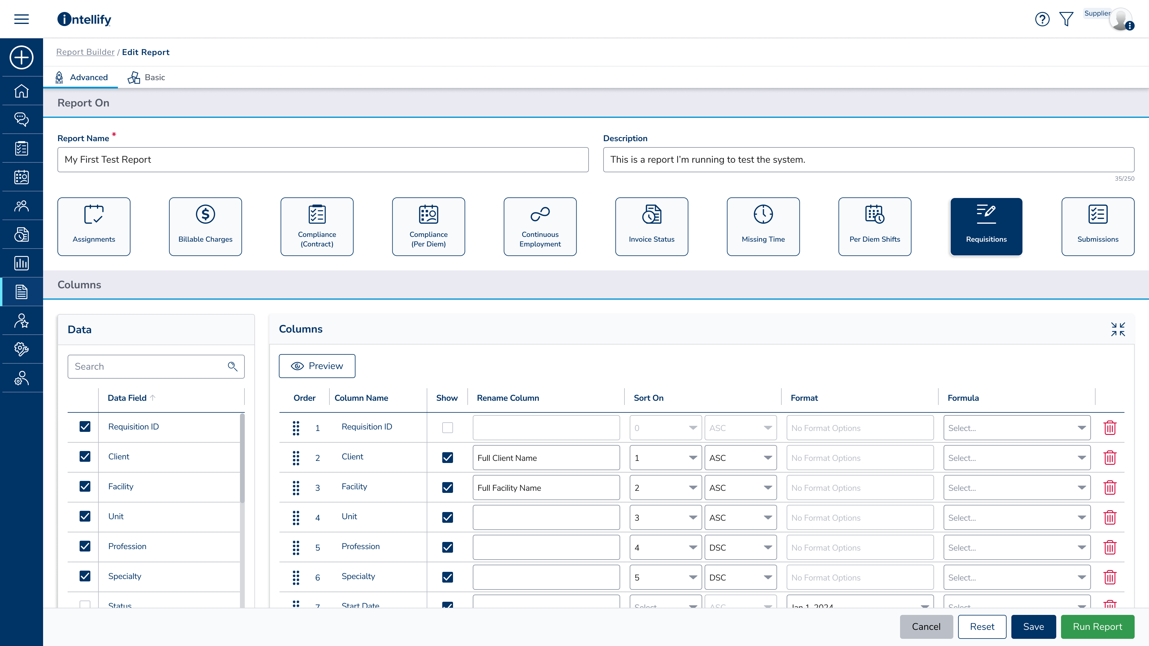 Report Builder Main Screen