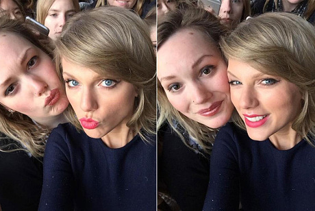 Taylor Swift poses with a fan in two pictures. The first, they both make duck faces, the second they simple smile.