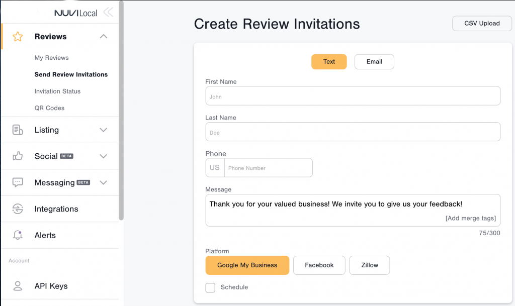 Nuvi Review allows companies to send invitations to customers asking them to write a review. Companies can also check the status of the invitation.