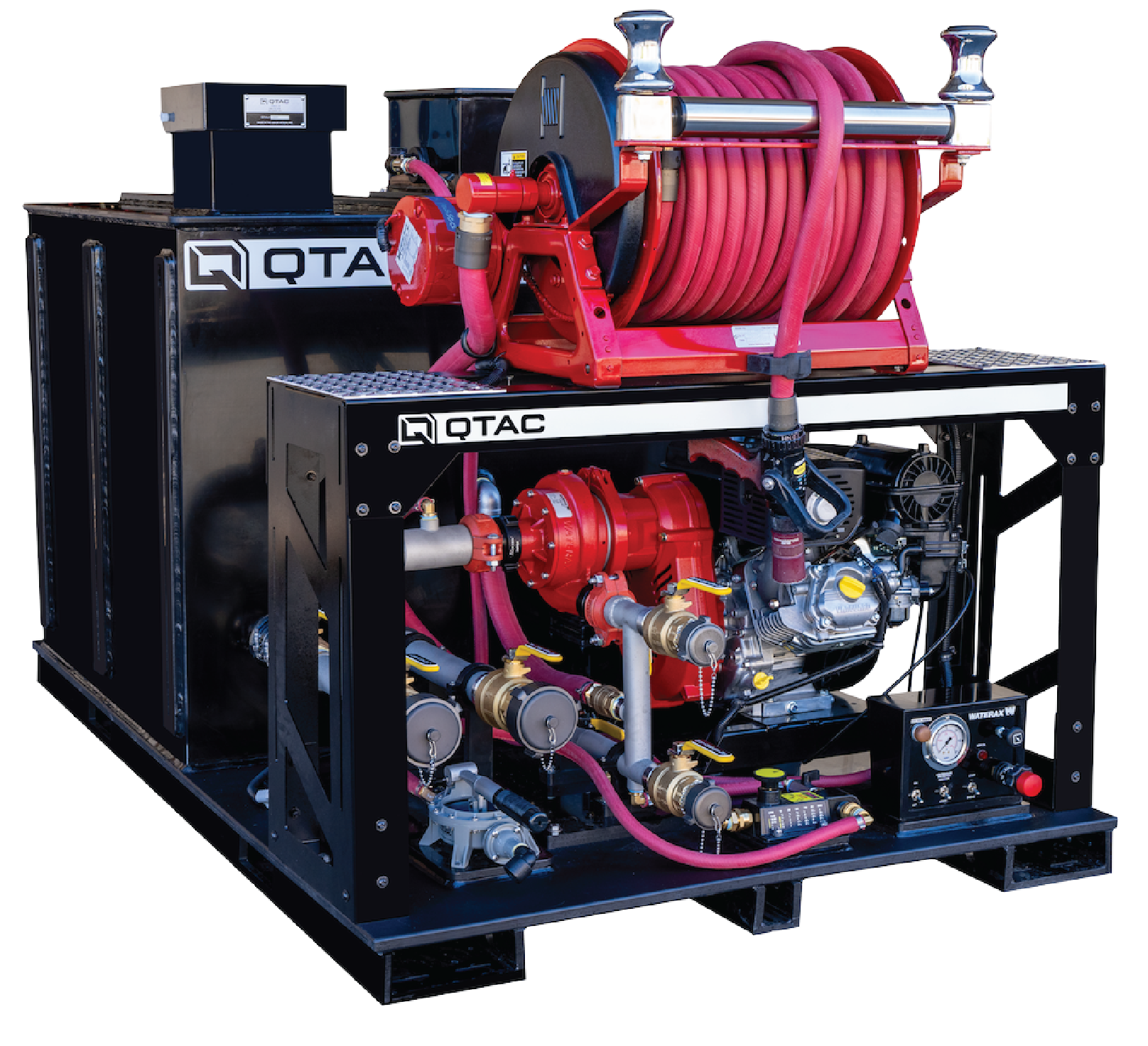 QTAC Tsunami Pro skid unit, showing the water tank, WATERAX pump, control panel and top-mounted hose reel