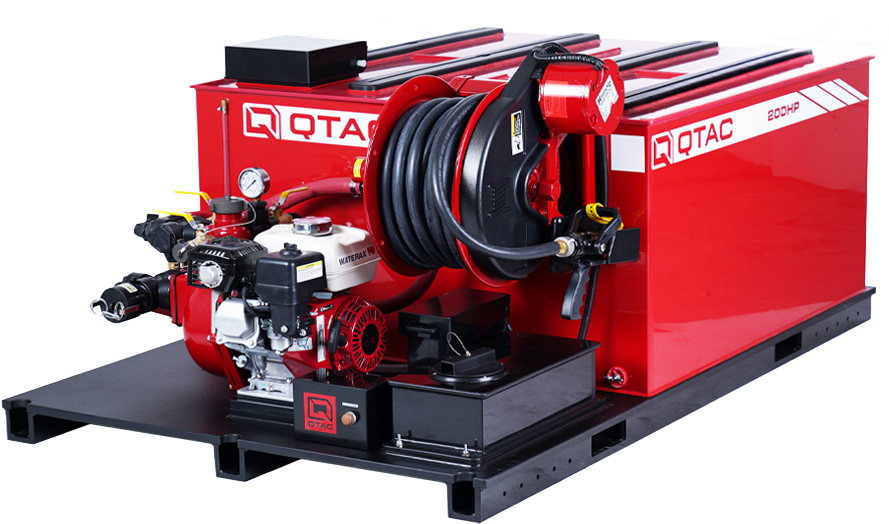 QTAC Tsunami Performance truck skid with PolyTough tank, WATERAX pump, composite plumbing and Hannay hose reel