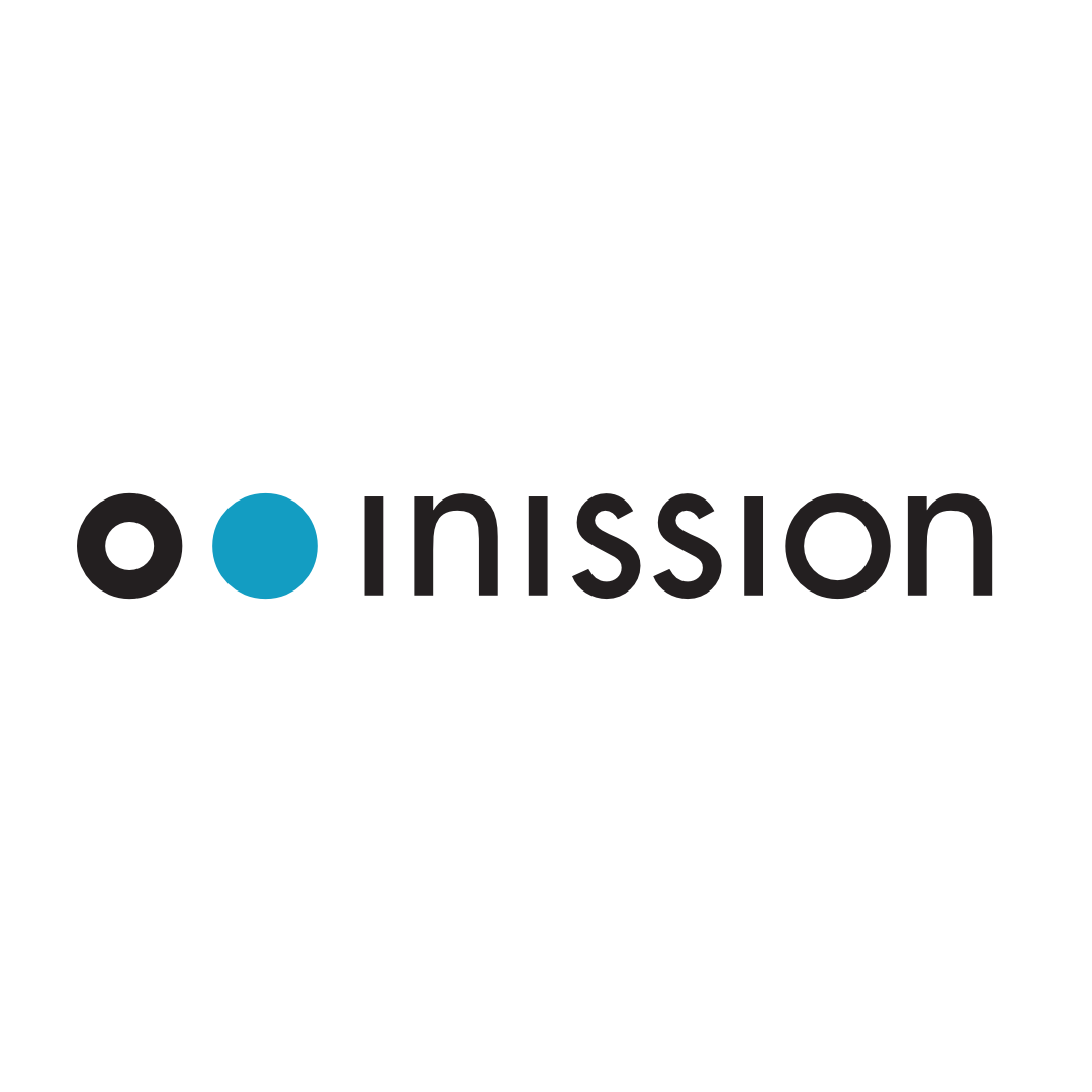 Inission logo with stylized letters and two circular dots, one black hollow and one solid blue.