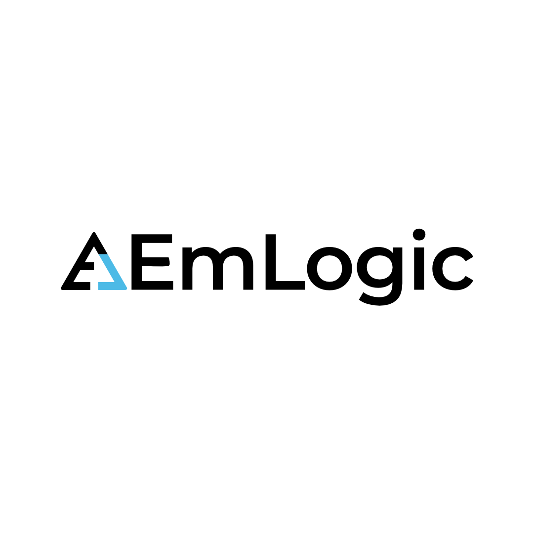 EmLogic logo with stylized black and blue triangular design.