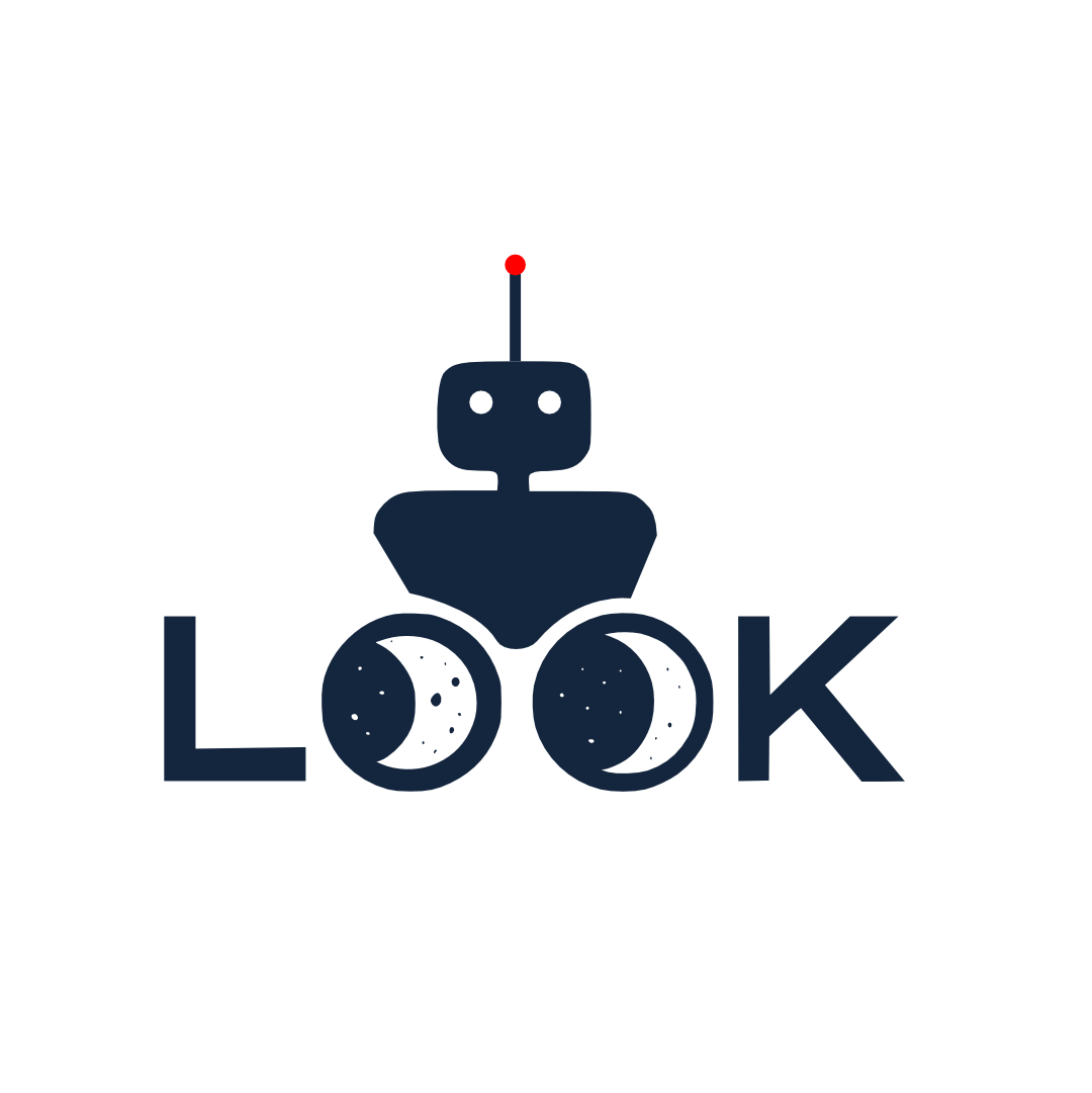Logo spelling 'LOOK' with the two Os designed as moon phases and a stylized robot head above the middle letters with a red dot antenna.