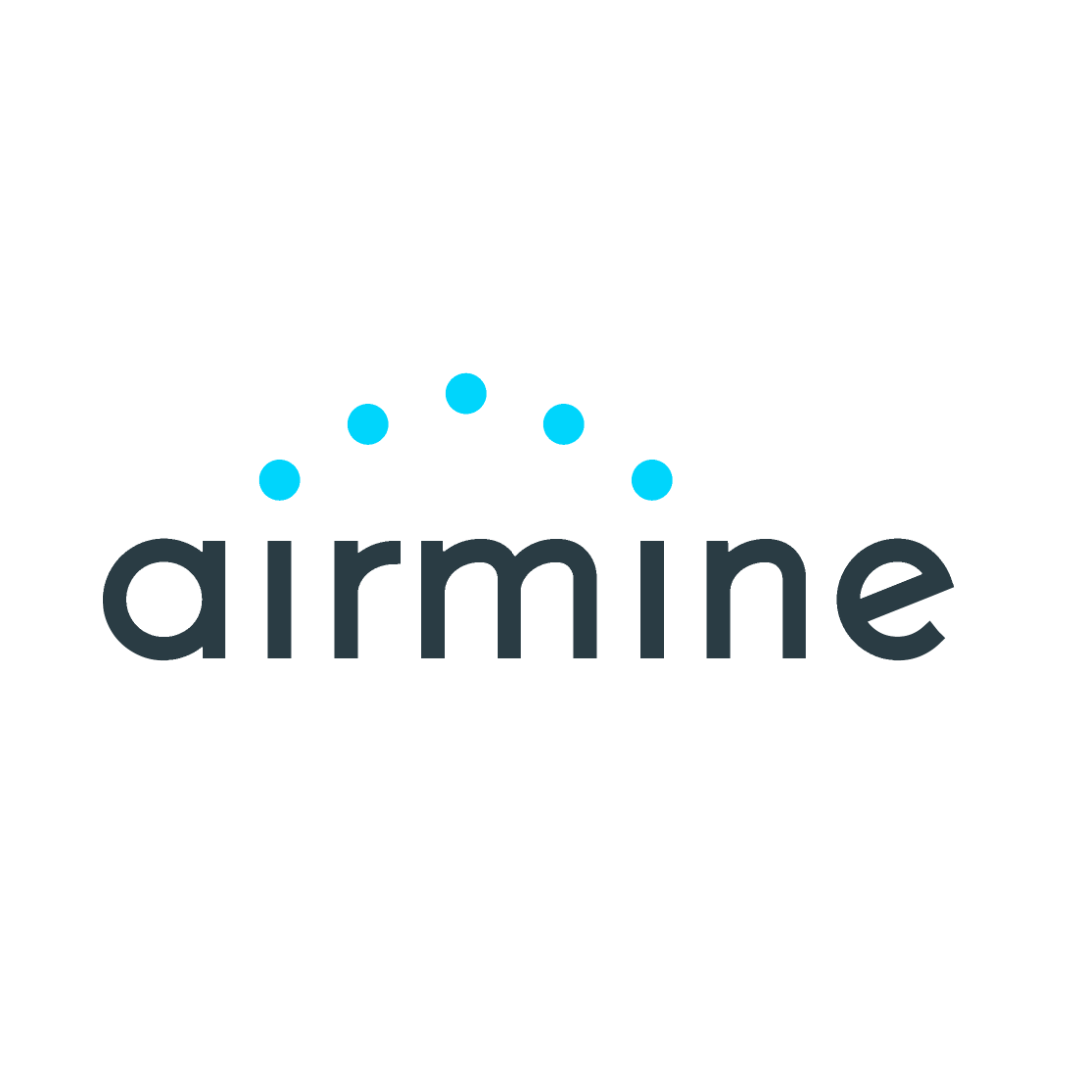 Airmine company logo with black lowercase letters and five blue dots arching above the text.