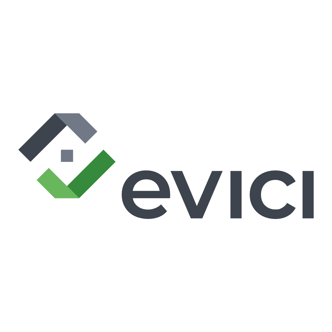 Evici logo with a geometric house shape composed of dark gray, gray, light green, and dark green shapes to the left of the company name in dark gray text.