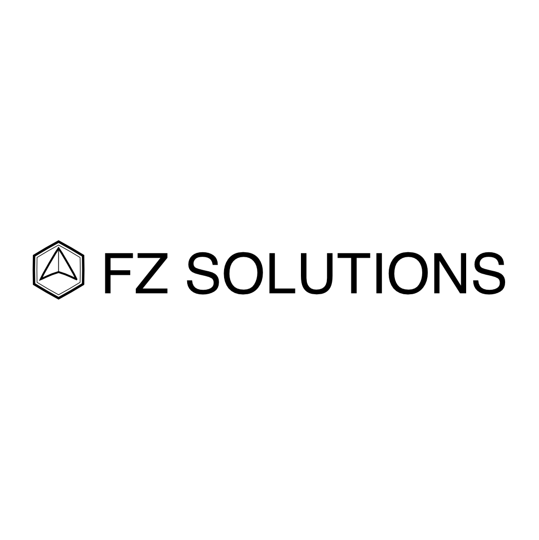 FZ Solutions logo featuring a hexagon with a three-pointed geometric shape inside, next to bold text reading FZ SOLUTIONS.