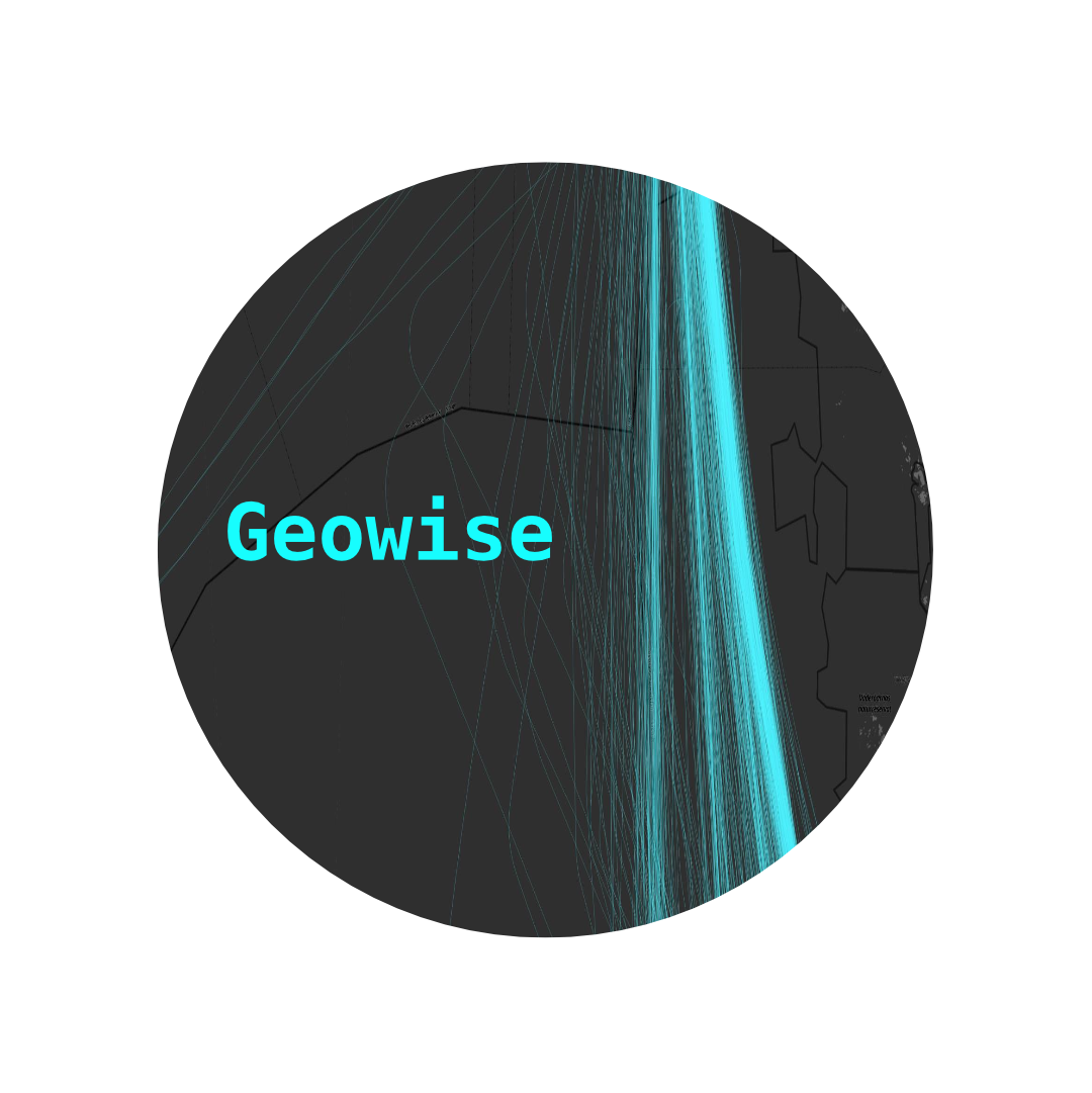 Circular dark map with thin blue lines and the word 'Geowise' in bright blue text on the left.