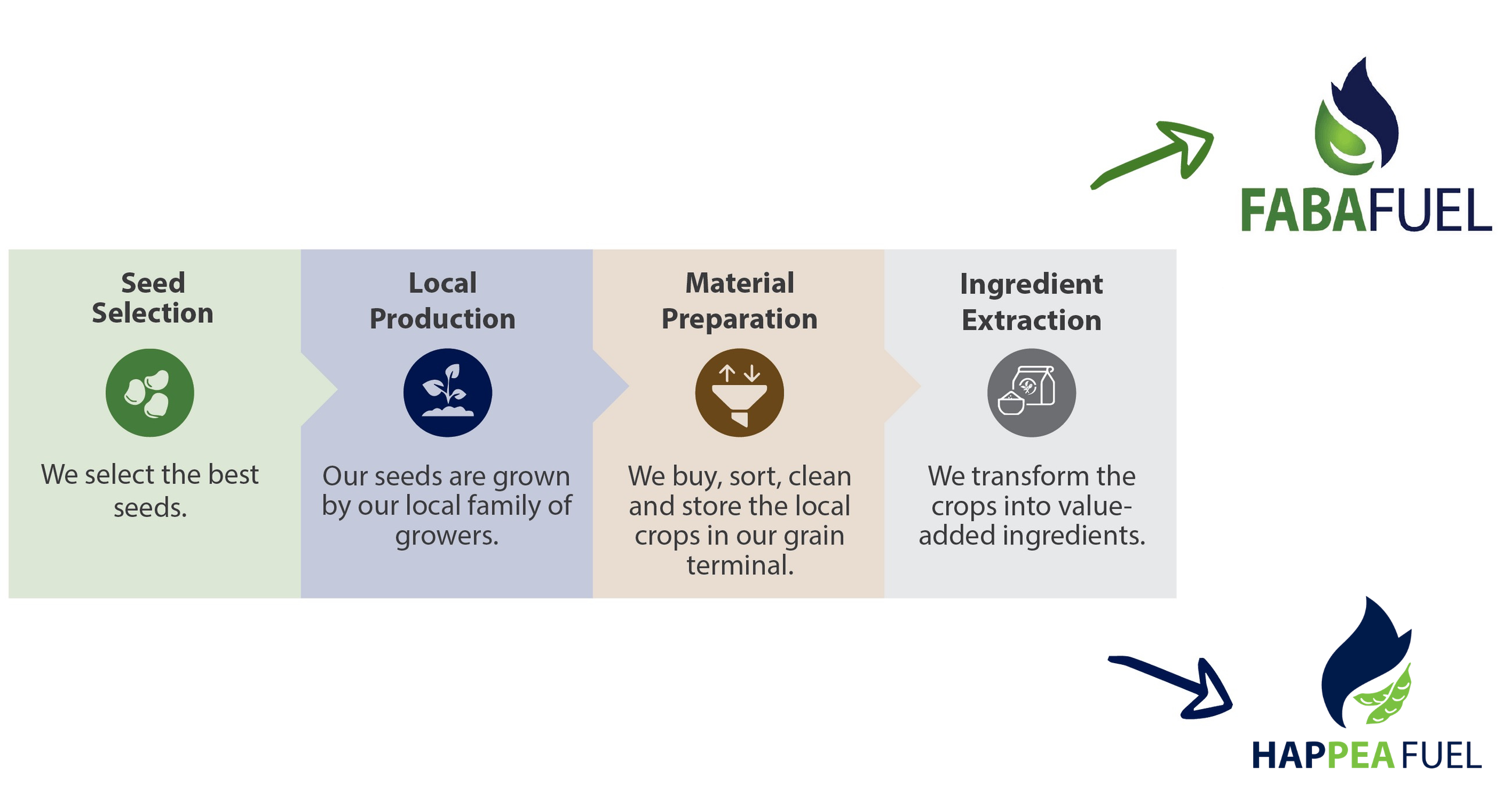 Visual of why C-Merak is unique. Seed selection, local production, material preparation, ingredient extraction that results in FabaFuel and HapPeaFuel