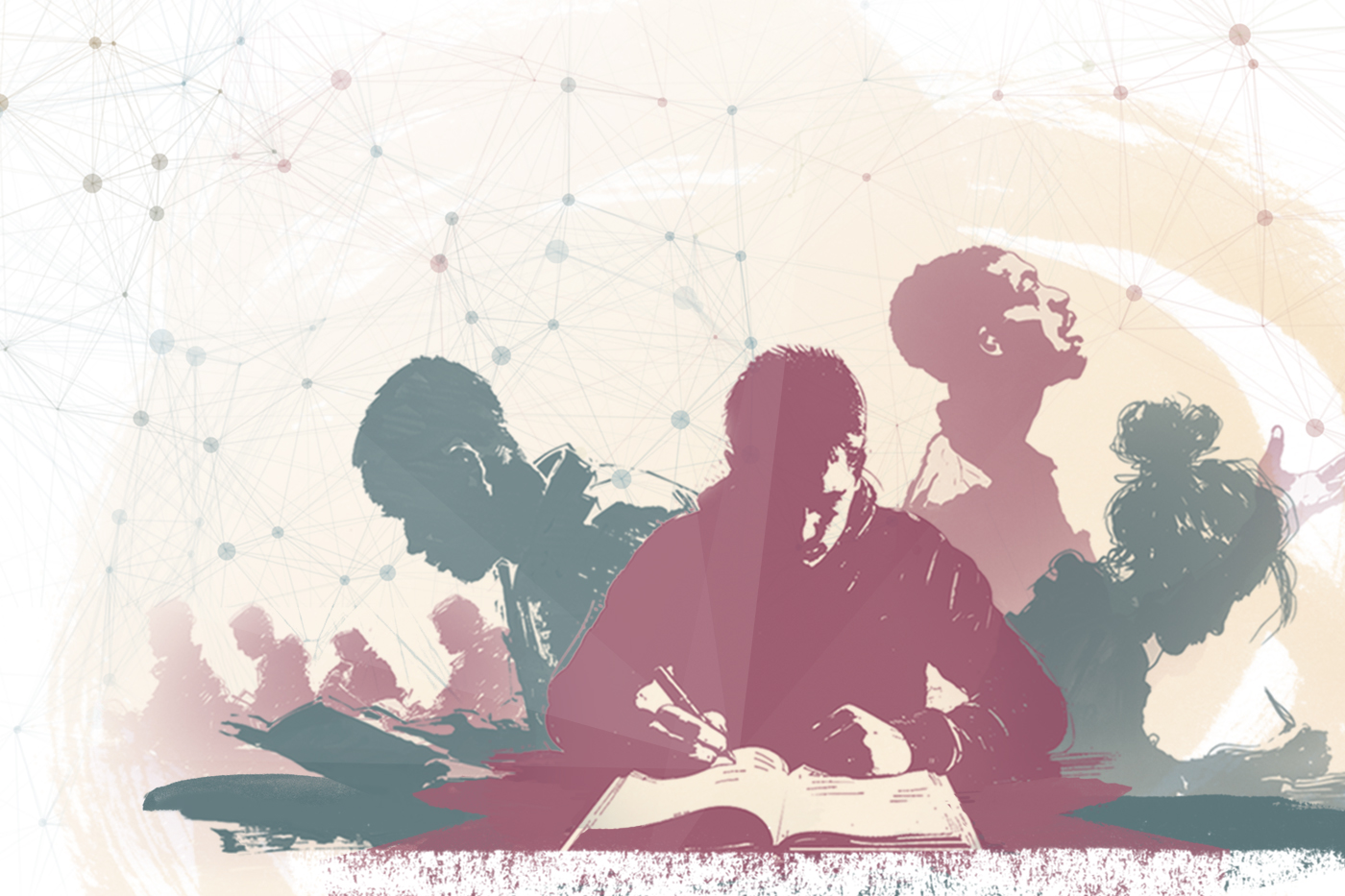 Ink drawings of people studying and speaking connected by technological points and lines in a hopeful color scheme