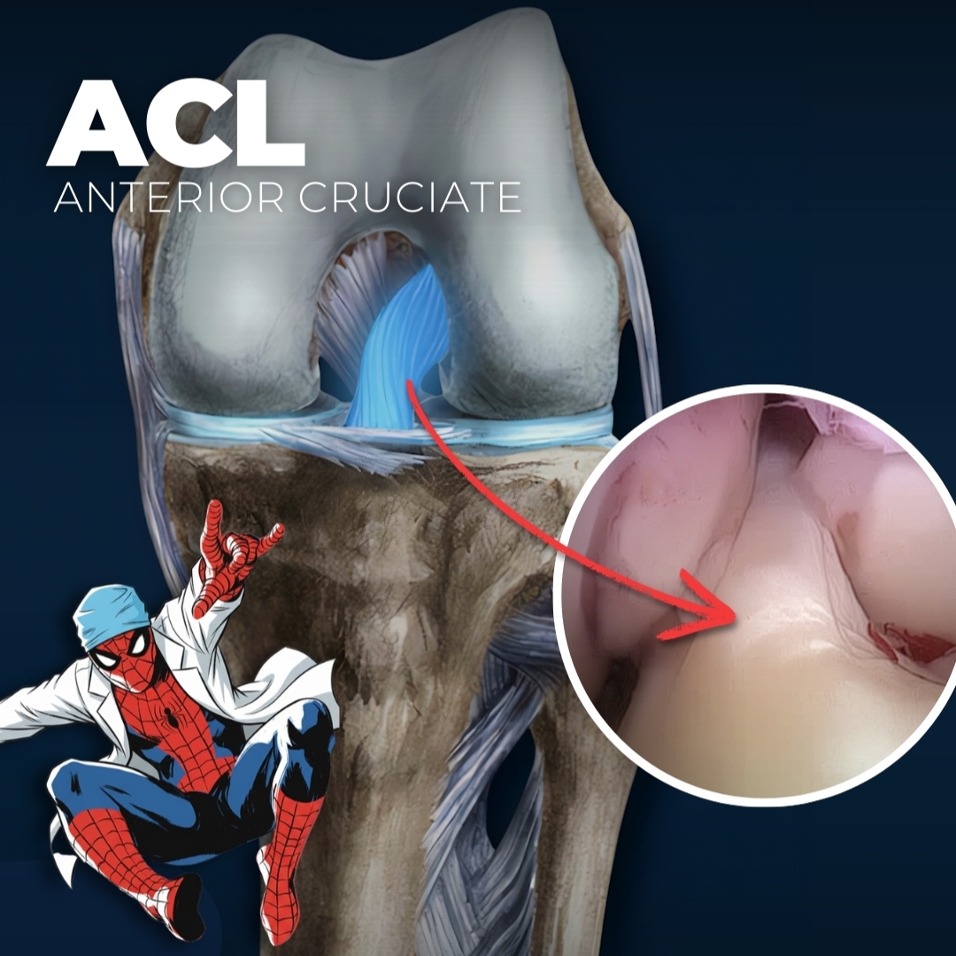 ACL anterior cruciate ligament anatomy illustration with Spider-Man character showing detailed 3D knee joint model and arthroscopic view of ACL tear in circular inset - educational medical diagram highlighting ACL ligament structure and injury for orthopedic learning